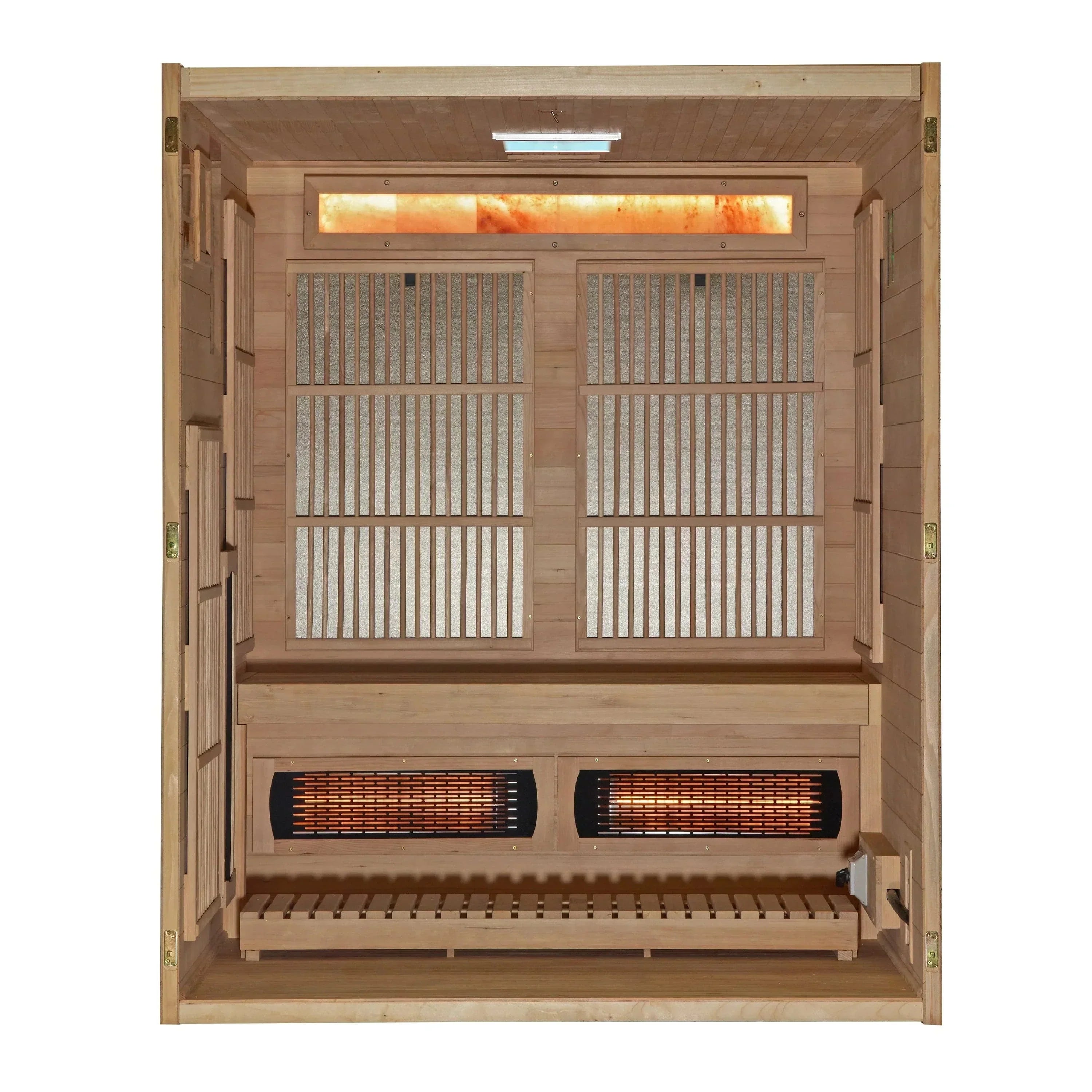 Golden Designs Soria 3-person sauna with floating benches removed to create an open interior floor space for private hot yoga and stretching.