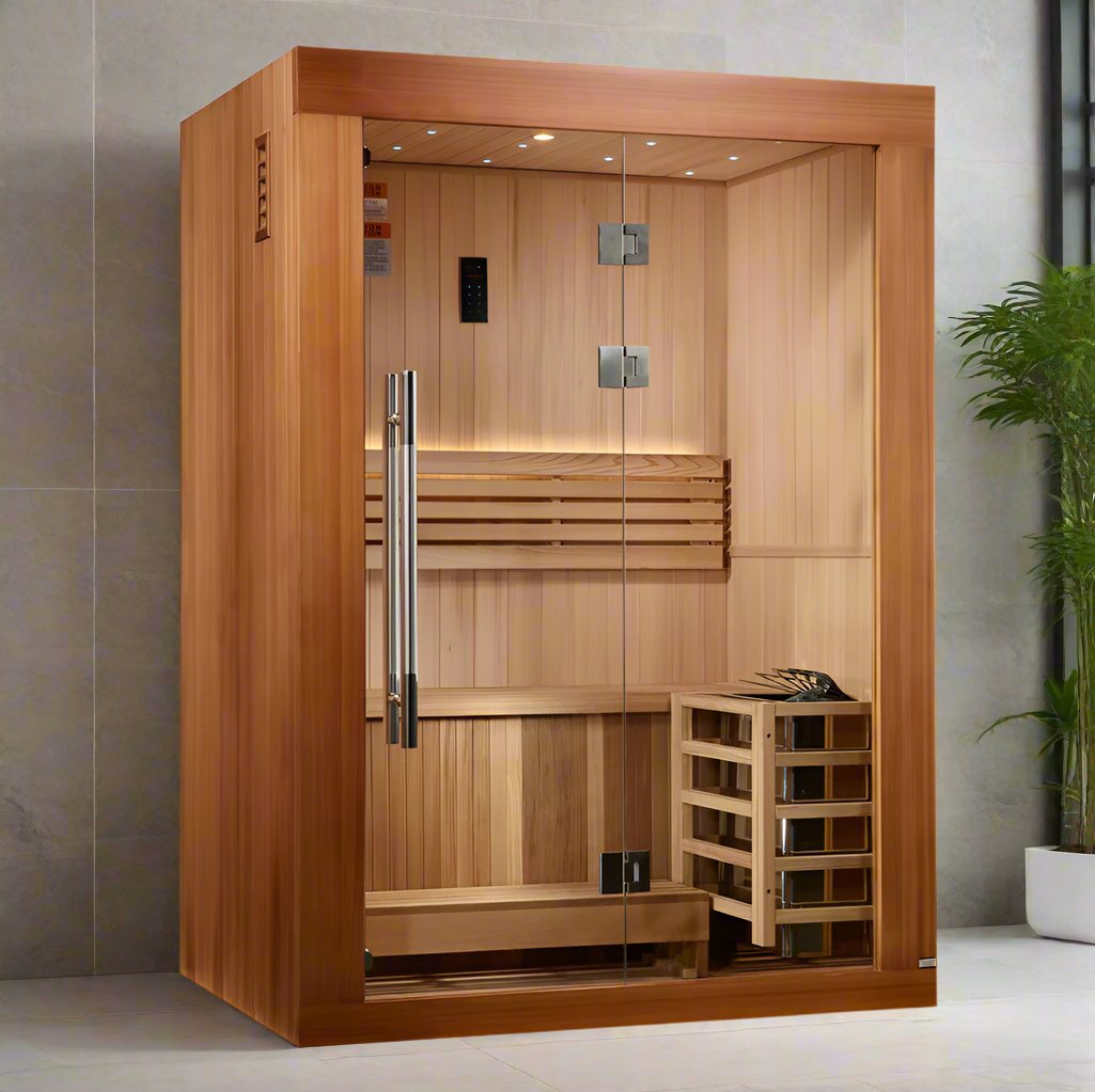 Golden Designs sauna cabin for 2 people featuring 6.0 kW heater system, delivering steady high-temperature traditional sauna experience