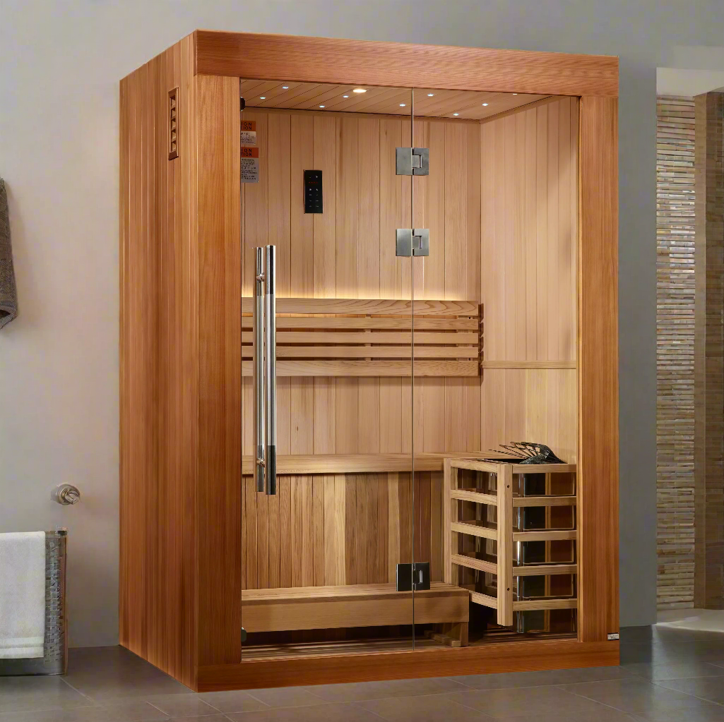 Home sauna for 2 people with 6.0 kW heater, Golden Designs Sundsvall Edition, designed for deep relaxation, detox, and authentic heat experience
