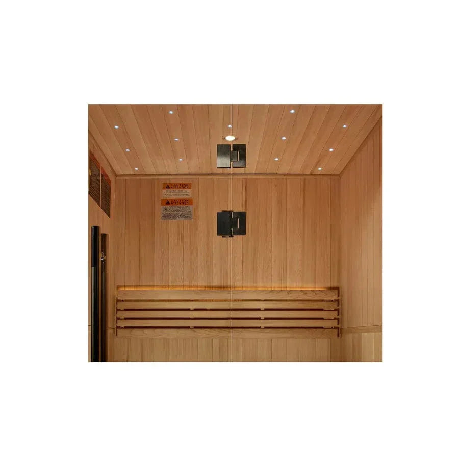 Close-up of the high-performance 6.0 kW traditional stove heater with integrated controls inside a Golden Designs Sundsvall home sauna.