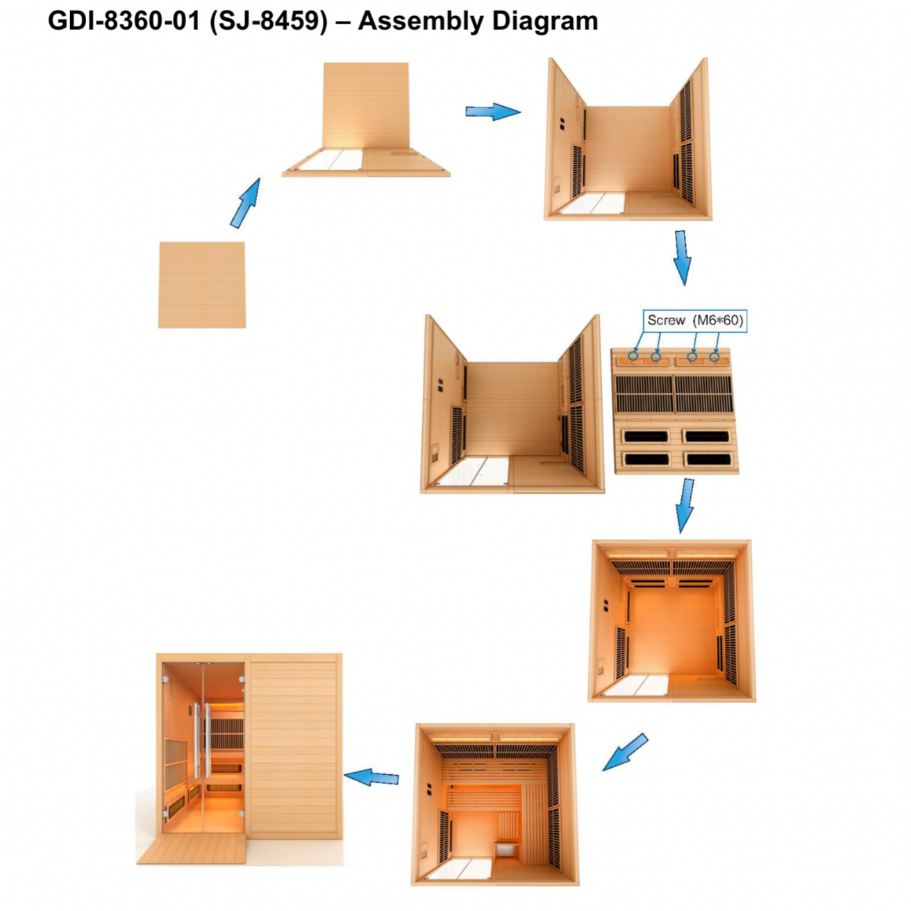 Golden Designs Toledo wellness sauna room for 6 users with removable benches and hybrid infrared plus traditional heating system