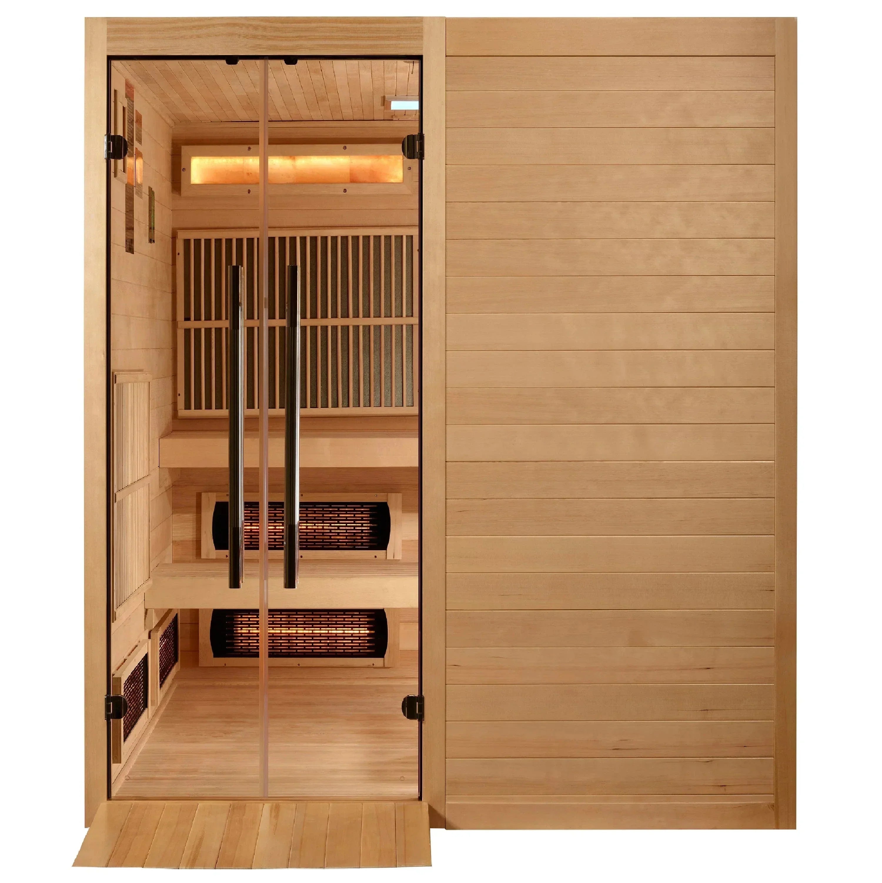 Toledo 2025 6 person indoor hybrid sauna by Golden Designs featuring full spectrum infrared heating, traditional Harvia stove, and wheelchair accessible design