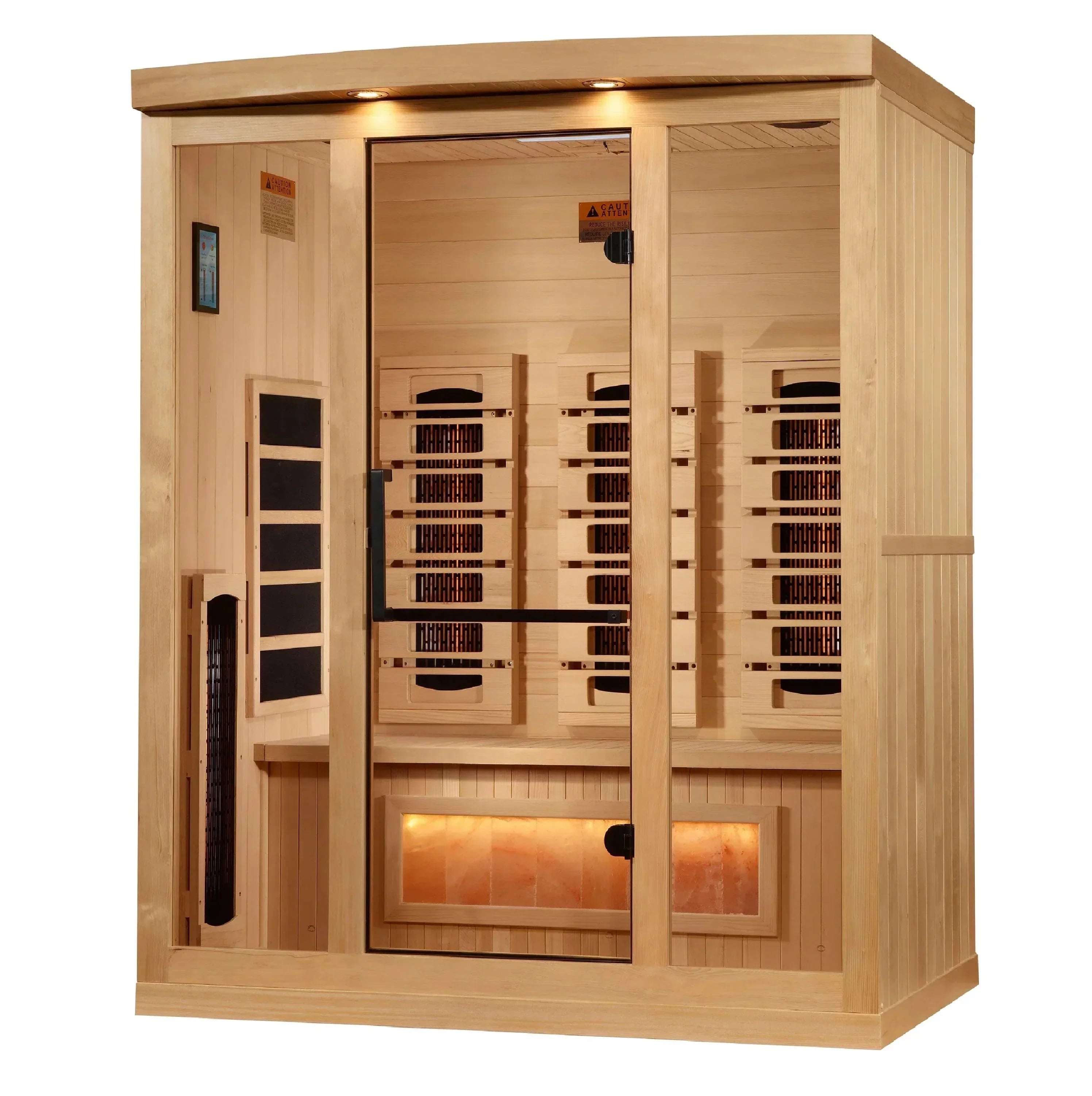 Close-up of the interior digital touchscreen control panel featuring Bluetooth connectivity inside a Golden Designs 3-person Reserve Edition sauna.