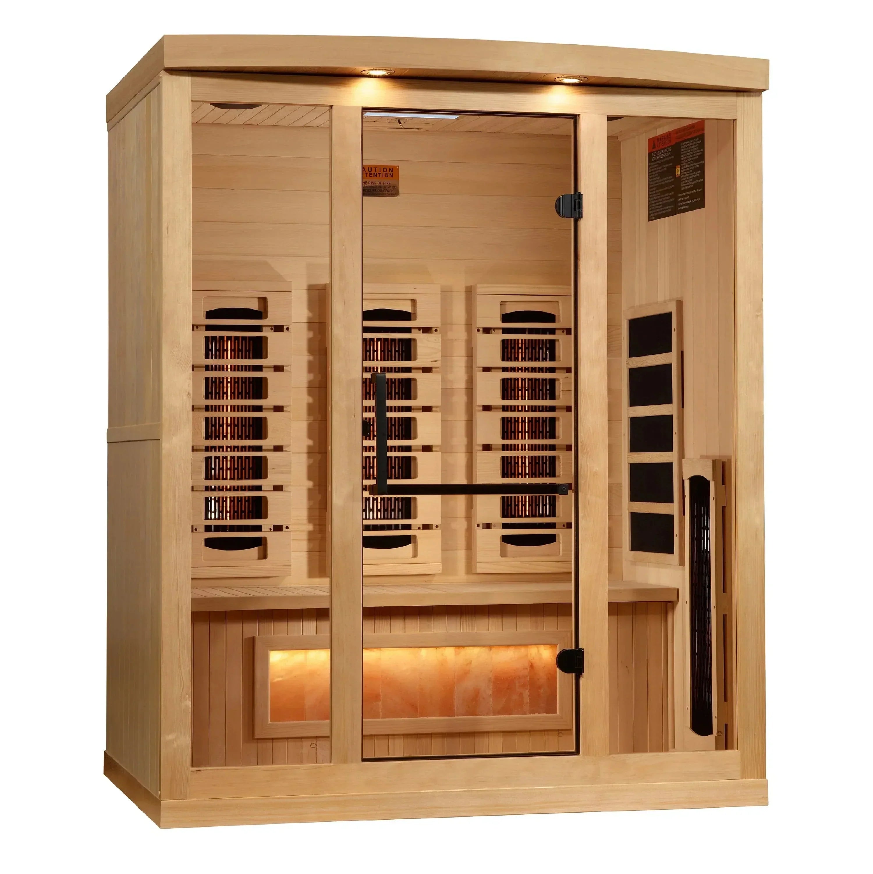 Golden Designs 2025 Reserve Edition GDI-8030-03 3-person full spectrum infrared sauna featuring a privacy bronze tempered glass door and black handle.