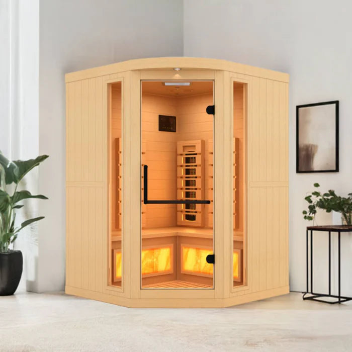 Golden Designs corner sauna 3 person 2025 Reserve Edition infrared full spectrum heating system with Himalayan salt bar for luxury home spa and relaxation therapy