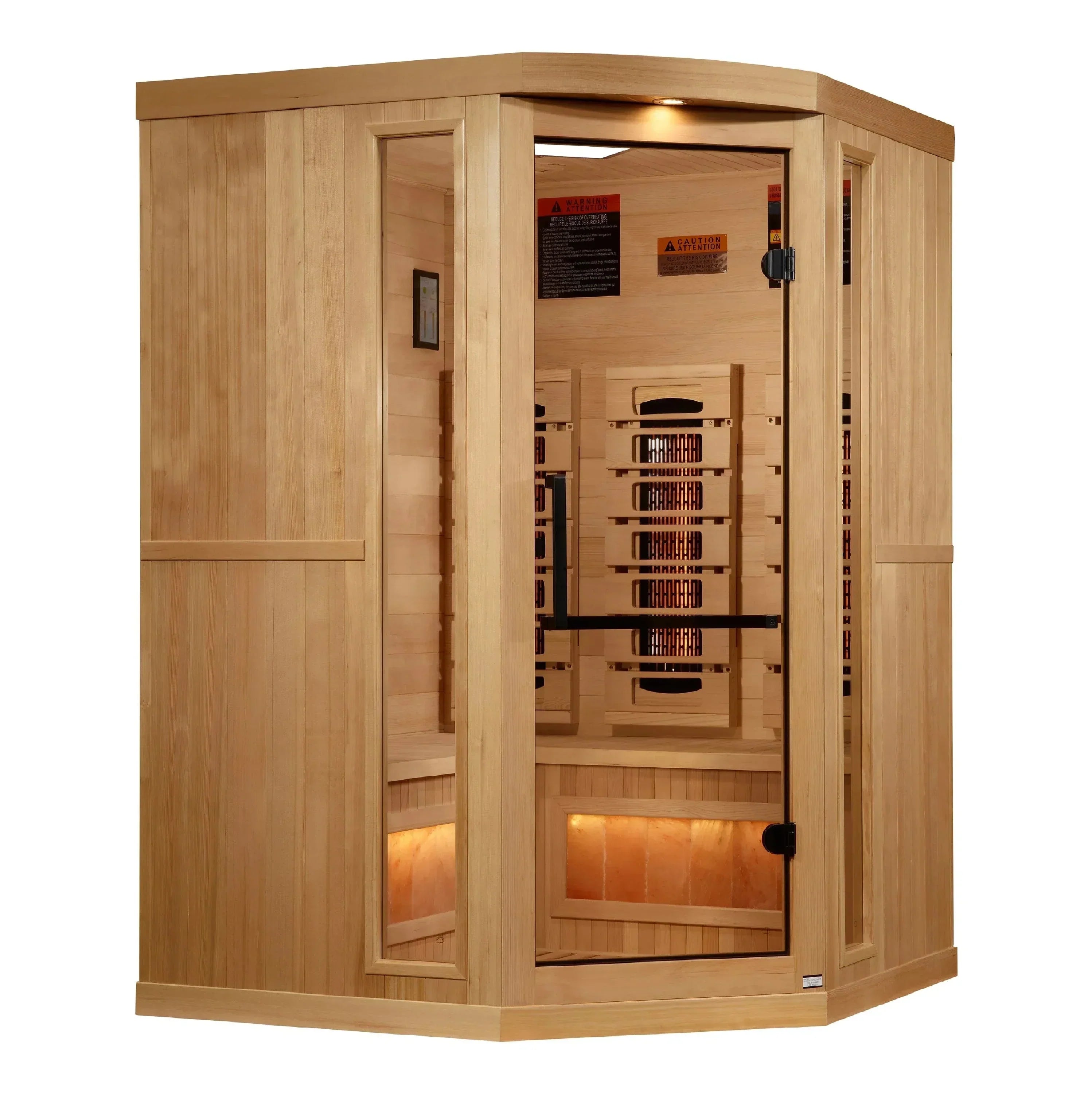 Golden Designs 2025 Reserve Edition GDI-8035-03 3-person corner full spectrum infrared sauna cabin built from natural Canadian Hemlock wood.
