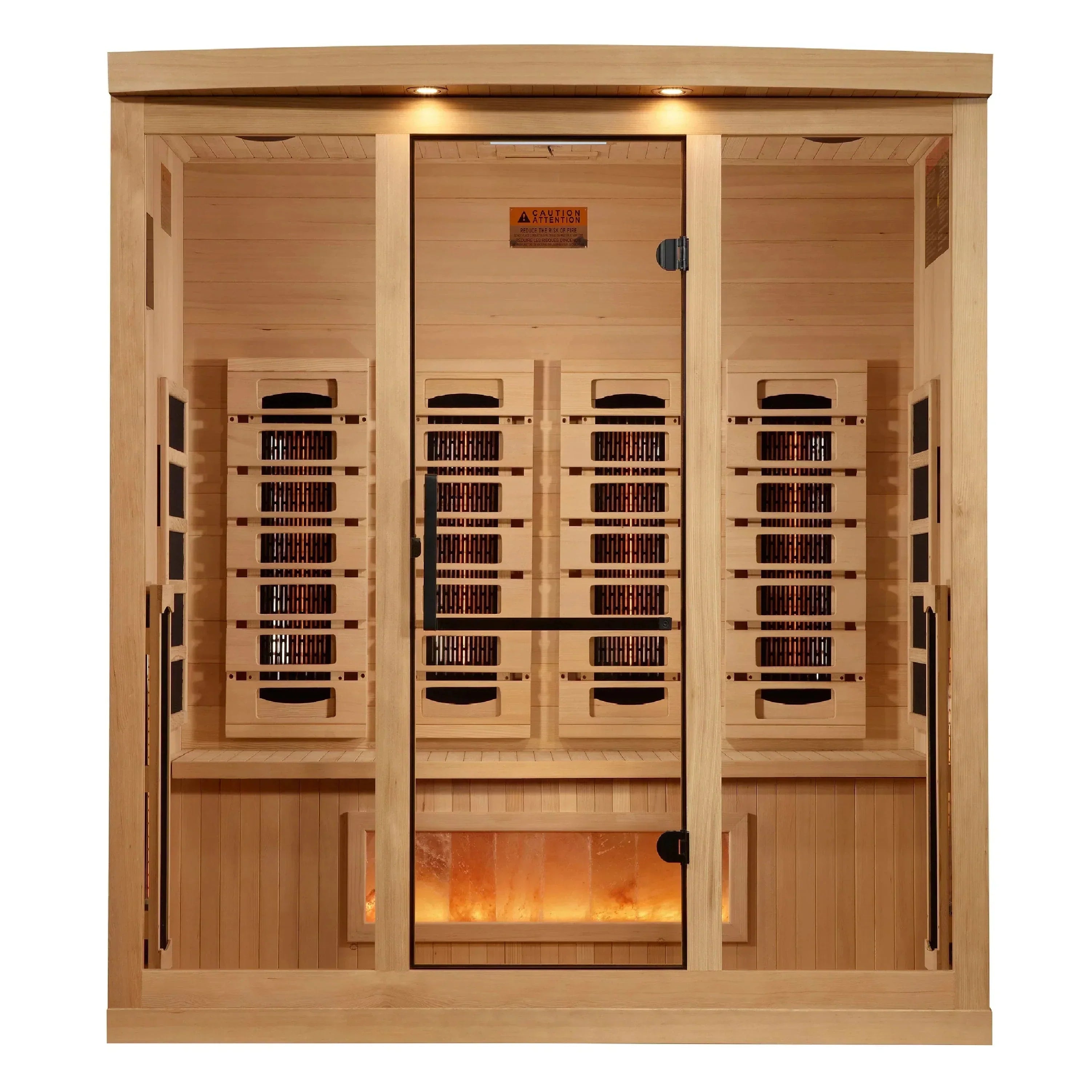 Interior detail of the Golden Designs Reserve Edition sauna showcasing the integrated glowing Himalayan salt bar for enhanced air purification.