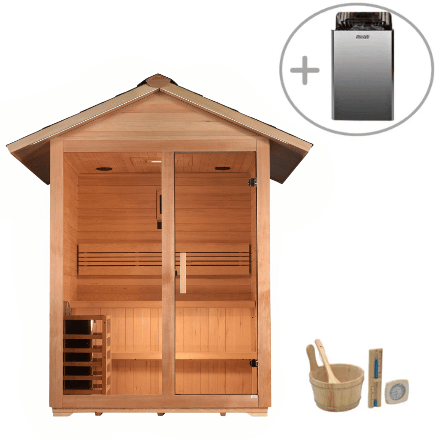 Outdoor 3-person traditional sauna Golden Designs Arlberg with Canadian Hemlock wood structure for relaxation and stress relief