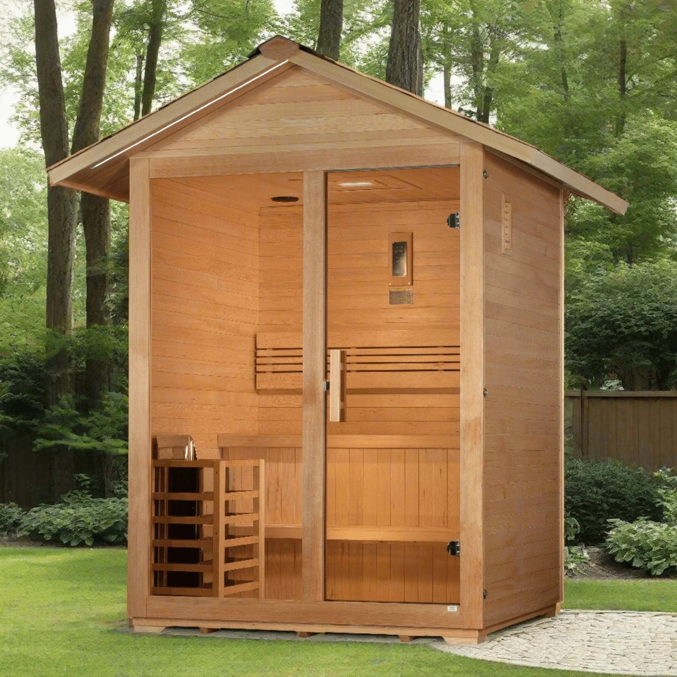 Golden Designs Arlberg traditional outdoor sauna built from 100% natural Canadian Hemlock wood.