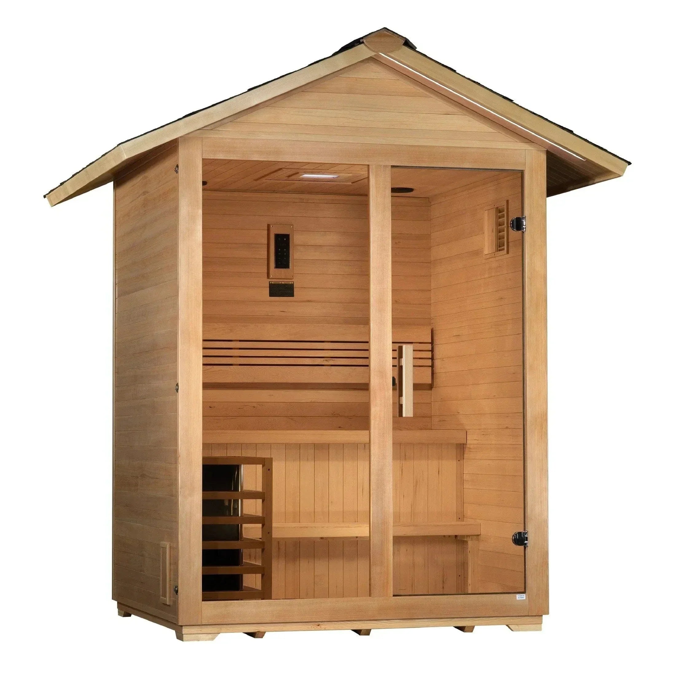 Premium freestanding 3-person traditional home sauna designed for outdoor backyard setup and year-round weather protection.
