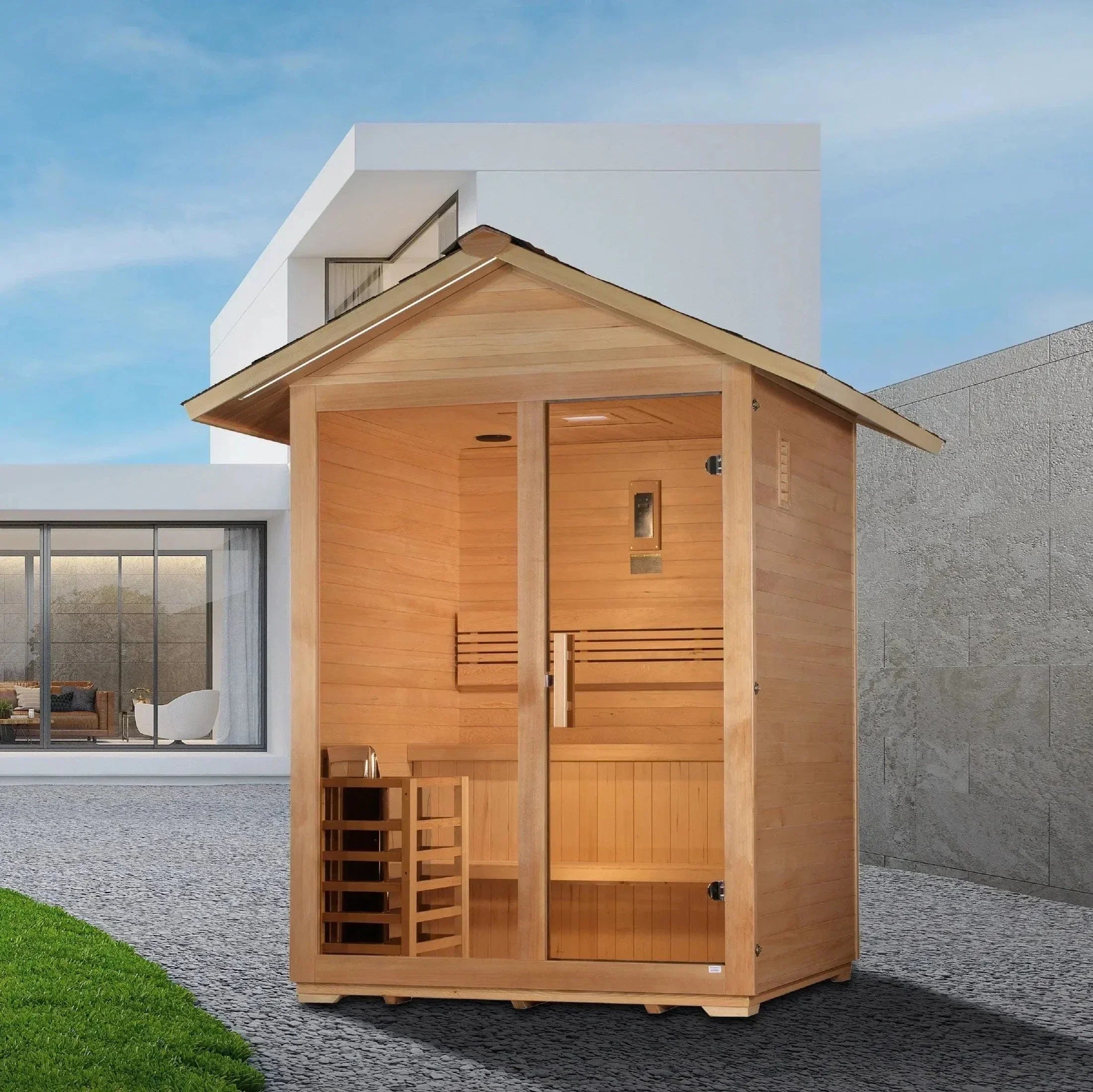 3-person Golden Designs Arlberg outdoor sauna with natural Canadian Hemlock construction and luxury spa-style design for home use