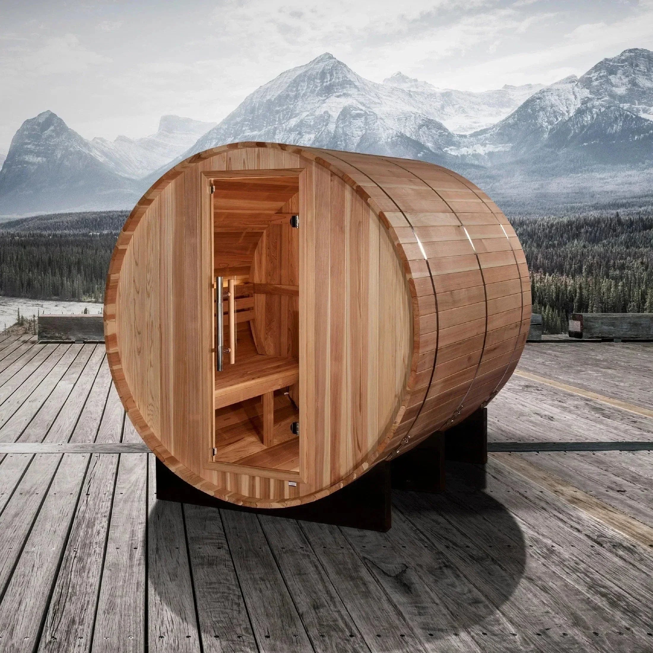 Golden Designs Arosa 4 Person Barrel Sauna made from durable cedar wood with curved outdoor barrel structure for efficient heat retention and home spa relaxation.