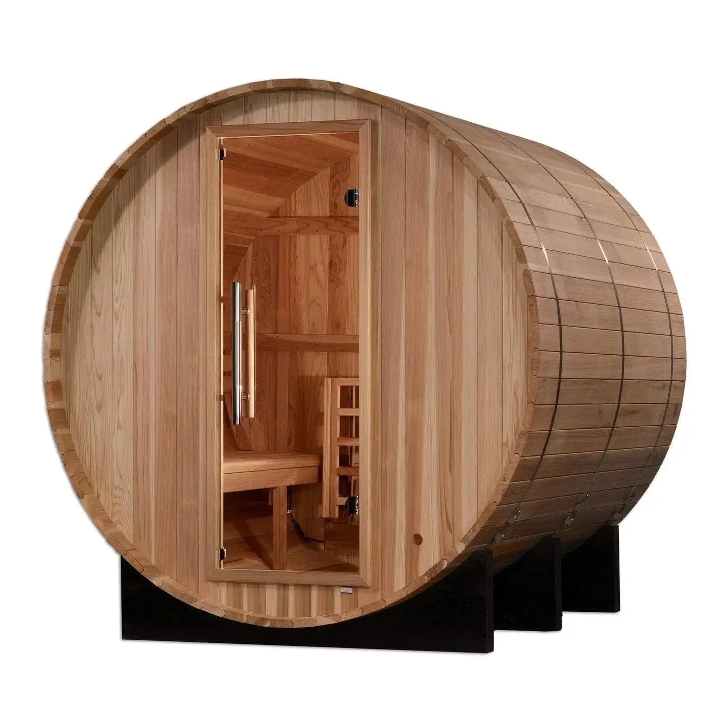 Golden Designs Arosa 4 Person Barrel Traditional Outdoor Sauna crafted from premium Pacific cedar wood with ergonomic barrel design for efficient heat circulation and luxury backyard wellness experience.