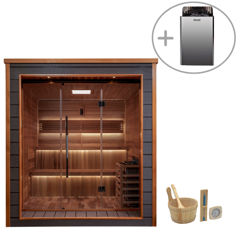 6-person outdoor sauna cabin by Golden Designs Bergen featuring natural cedar wood interior for relaxing home spa and recovery sessions