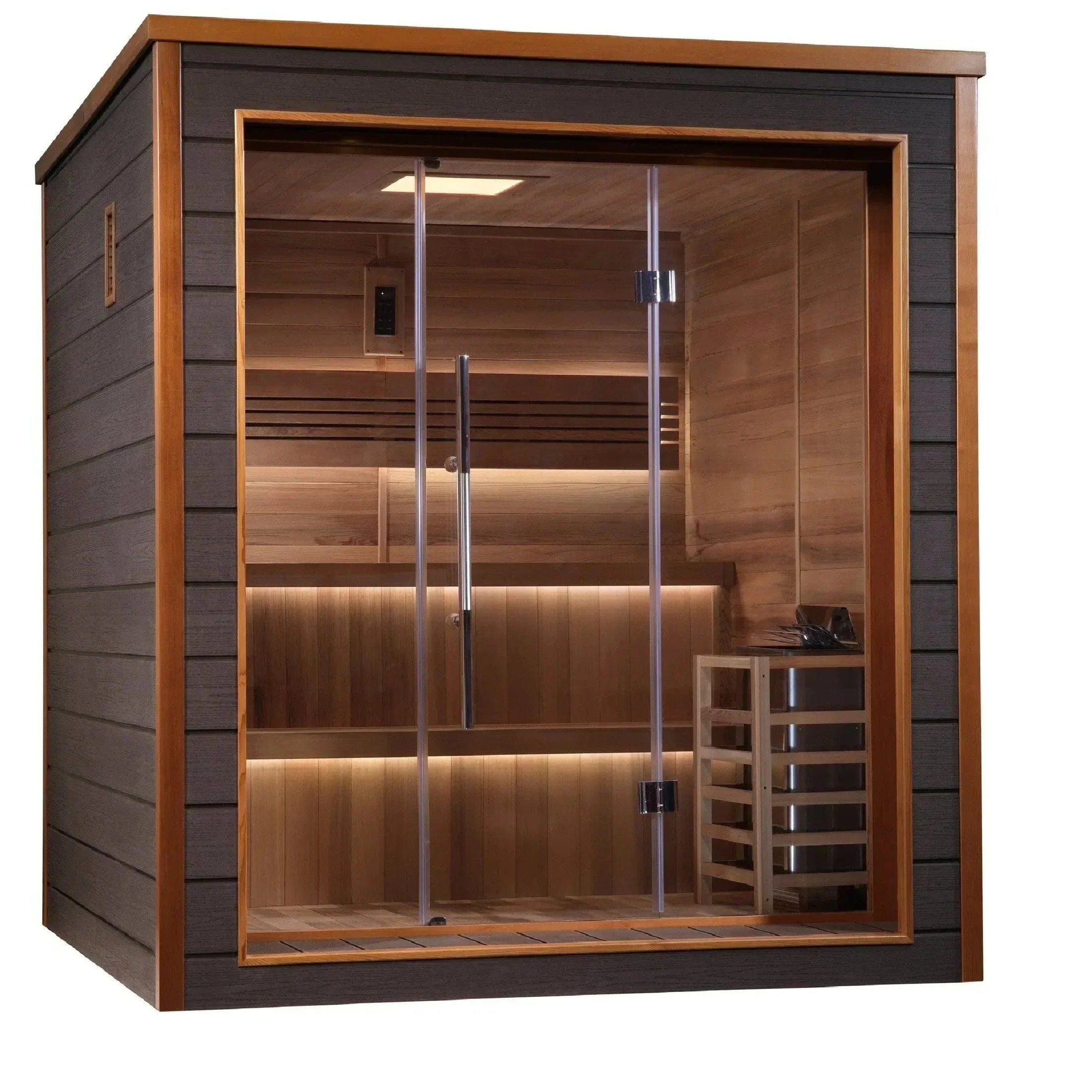 Golden Designs Bergen 6-Person Outdoor Traditional Sauna with Canadian Red Cedar interior, outdoor weather-resistant design for home backyard wellness and relaxation