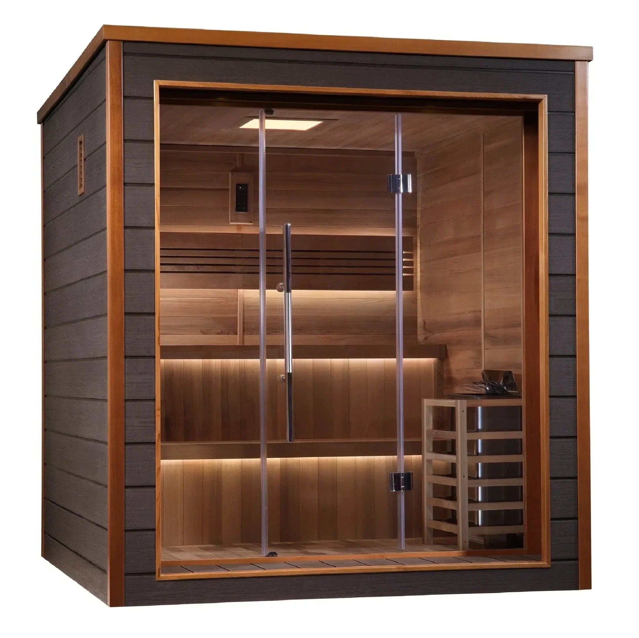 Golden Designs Bergen 6-Person Outdoor Traditional Sauna with Canadian Red Cedar interior, outdoor weather-resistant design for home backyard wellness and relaxation