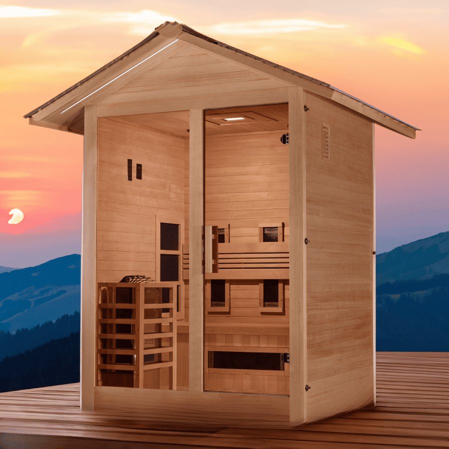 Golden Designs “Carinthia” 3-person outdoor hybrid sauna crafted from Canadian Hemlock with dual infrared and traditional stove heating for luxury home wellness