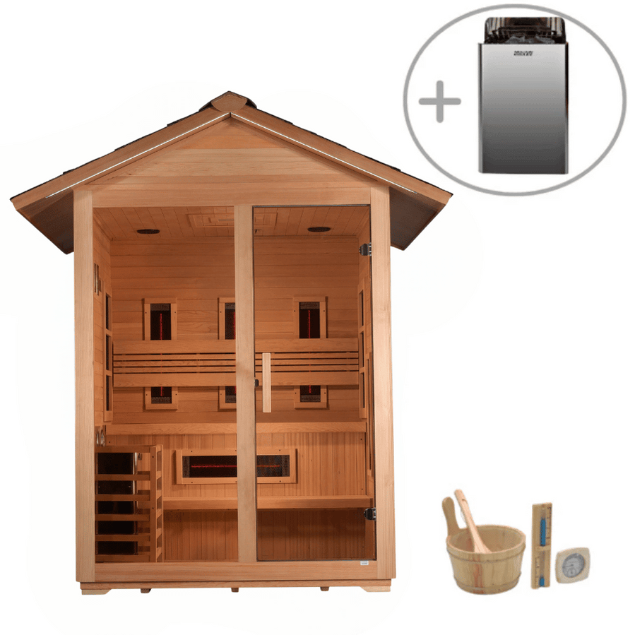 Golden Designs Carinthia outdoor hybrid sauna for 3 people featuring switchable infrared and traditional heat system for year-round spa relaxation at home