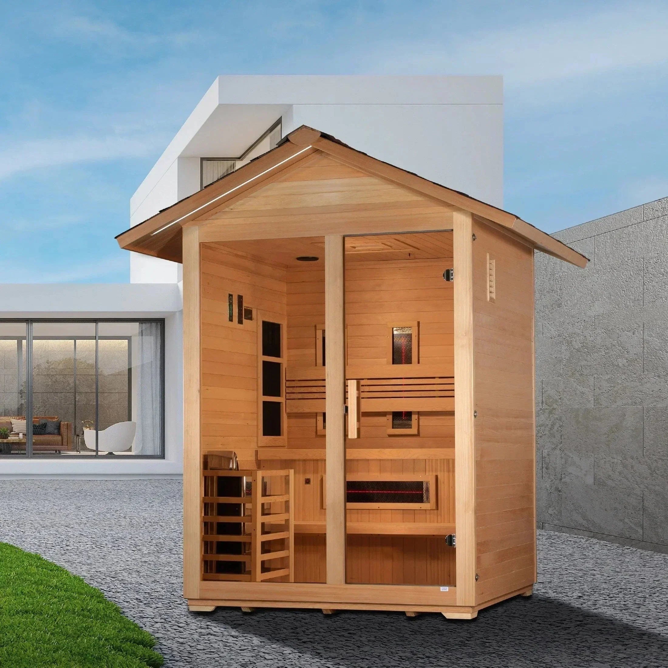 Golden Designs “Carinthia” 3-person hybrid outdoor sauna made from Canadian Hemlock wood featuring PureTech™ full spectrum infrared and traditional Harvia stove heating for premium home spa wellness and relaxation.