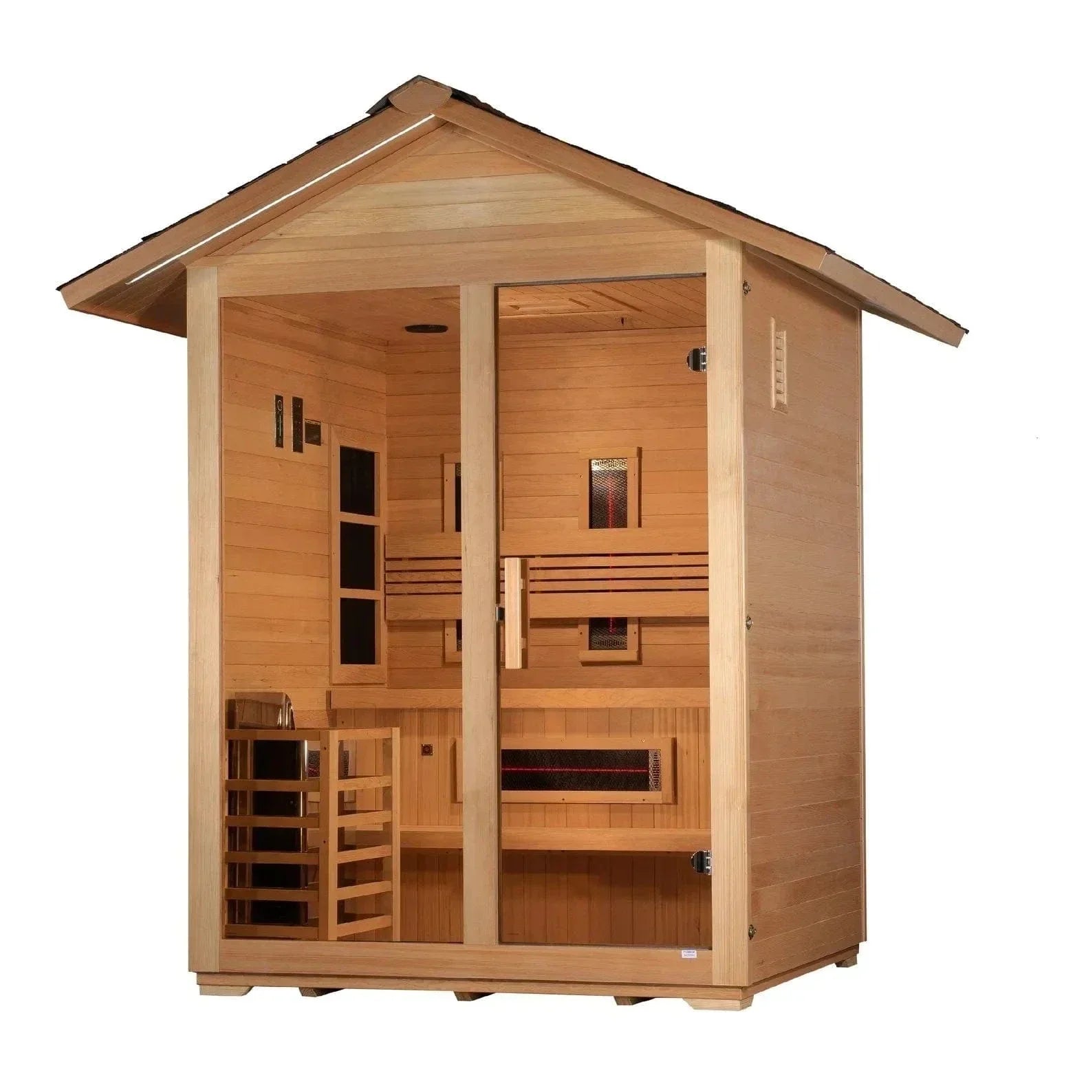 GDI-8123-01 Golden Designs Carinthia 3-person hybrid outdoor sauna cabin made from durable Canadian Hemlock wood with a sloped weatherproof roof for backyard placement.