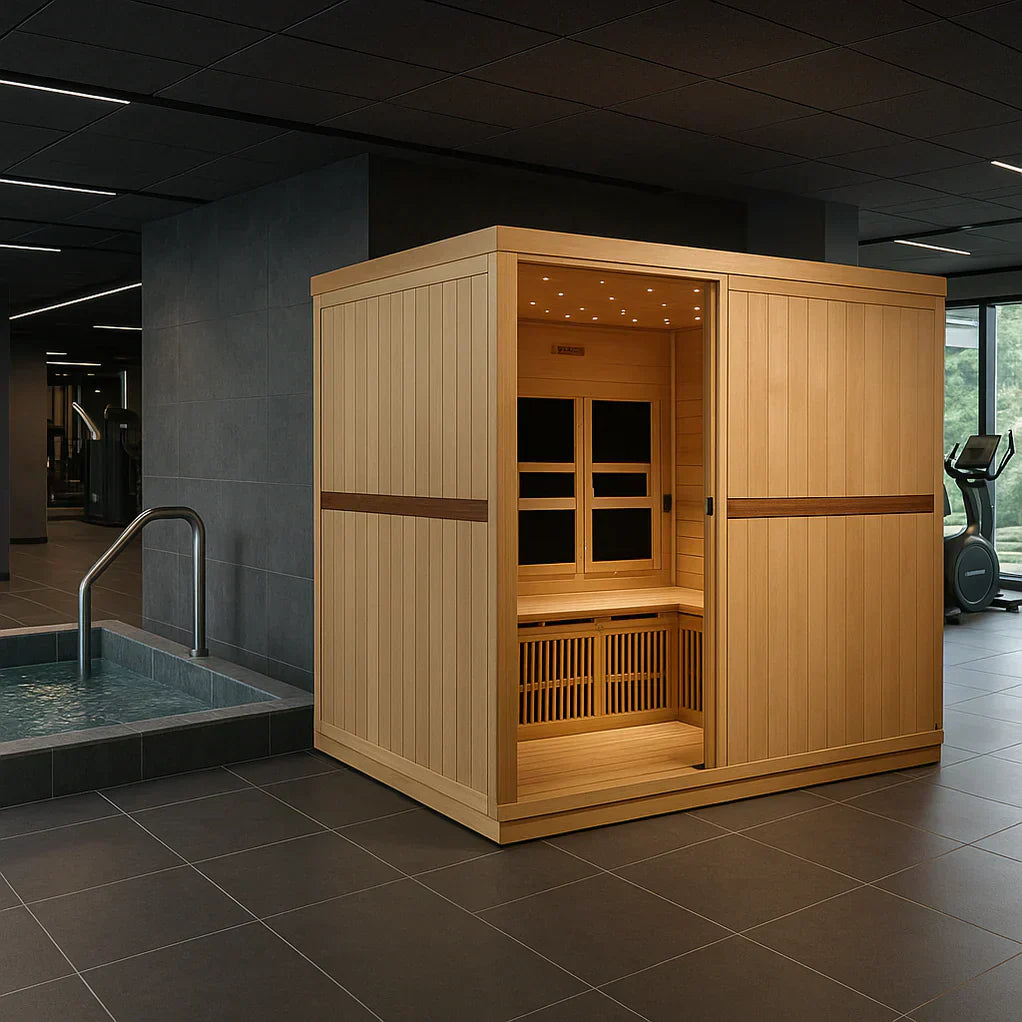 Interior seating layout of Golden Designs Catalonia 8-person infrared sauna offering spacious comfort and multi-person wellness experience