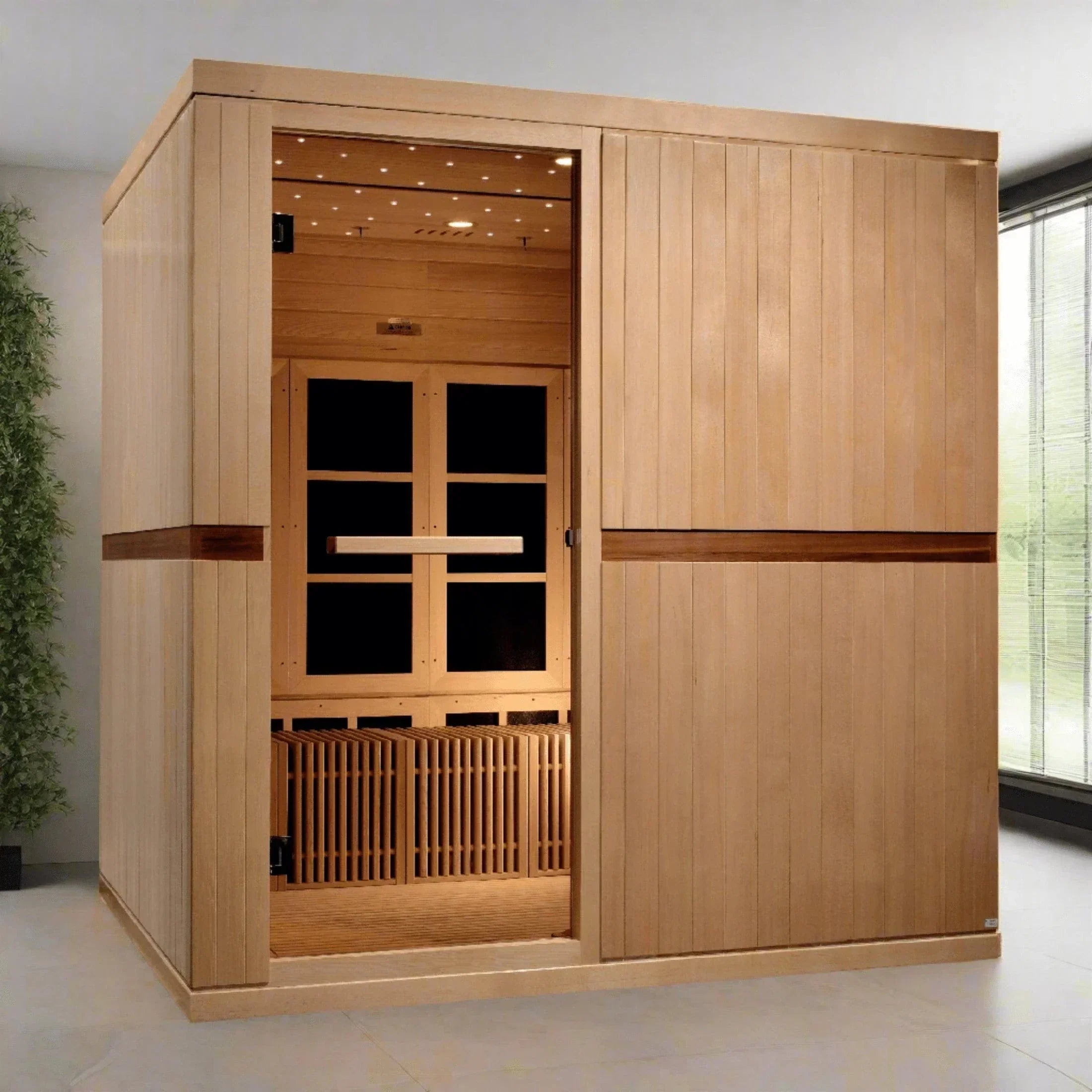 Golden Designs Catalonia 8-person PureTech near zero EMF far infrared sauna made from Canadian Hemlock wood with spacious convertible interior for yoga and wellness use