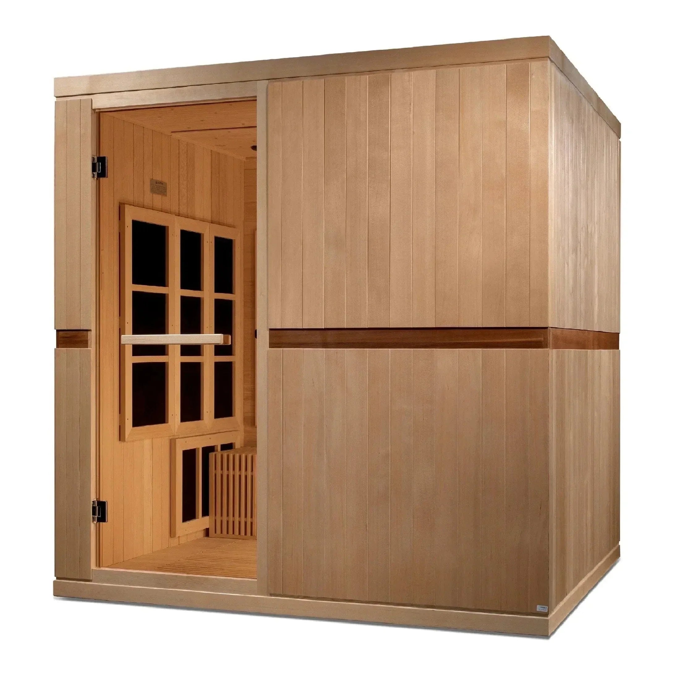 Golden Designs Catalonia 8-person FAR infrared sauna installed in a luxury residential wellness wing next to a home gym.