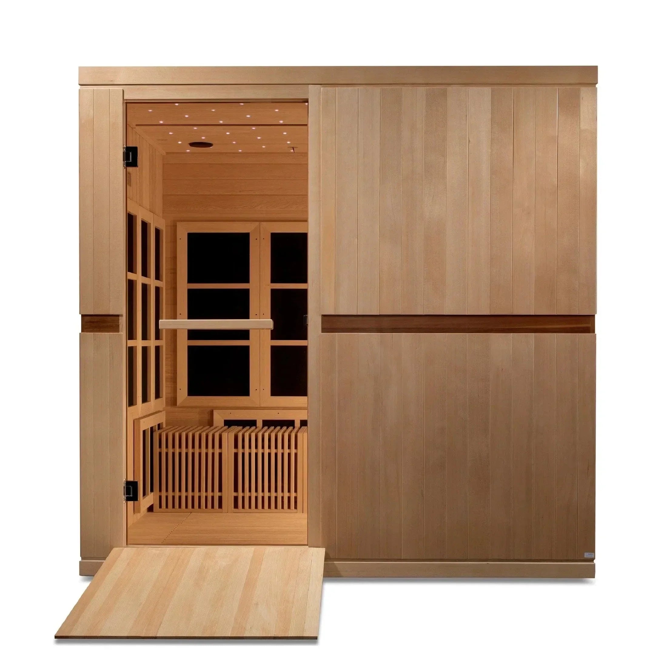 Golden Designs Catalonia 8-person infrared sauna with benches removed to convert the large interior into a spacious hot yoga studio.