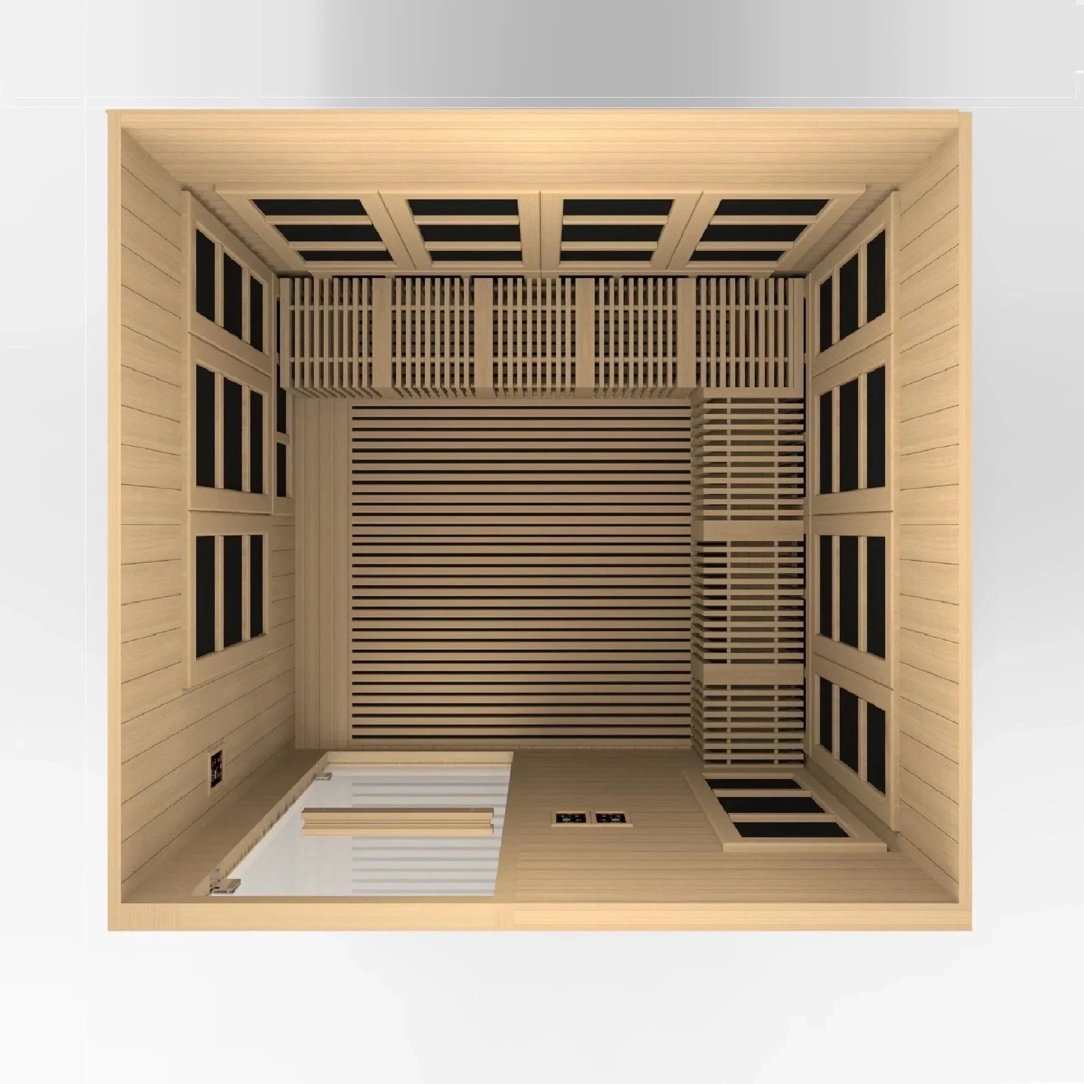Spacious interior of 8-person Golden Designs Catalonia infrared sauna with convertible seating for yoga and relaxation sessions