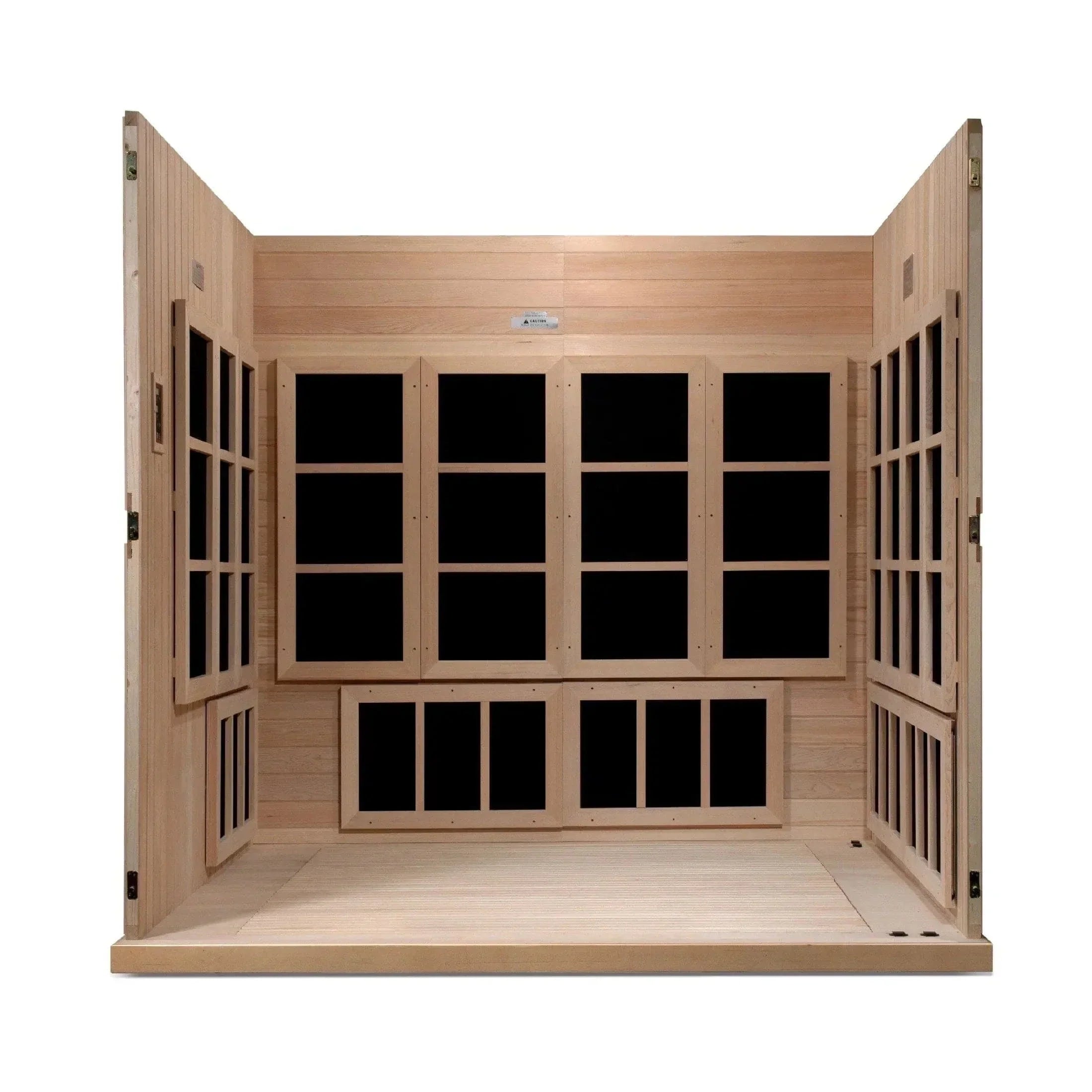 Premium Canadian Hemlock wood construction of Golden Designs Catalonia 8-person near zero EMF infrared sauna for home wellness use