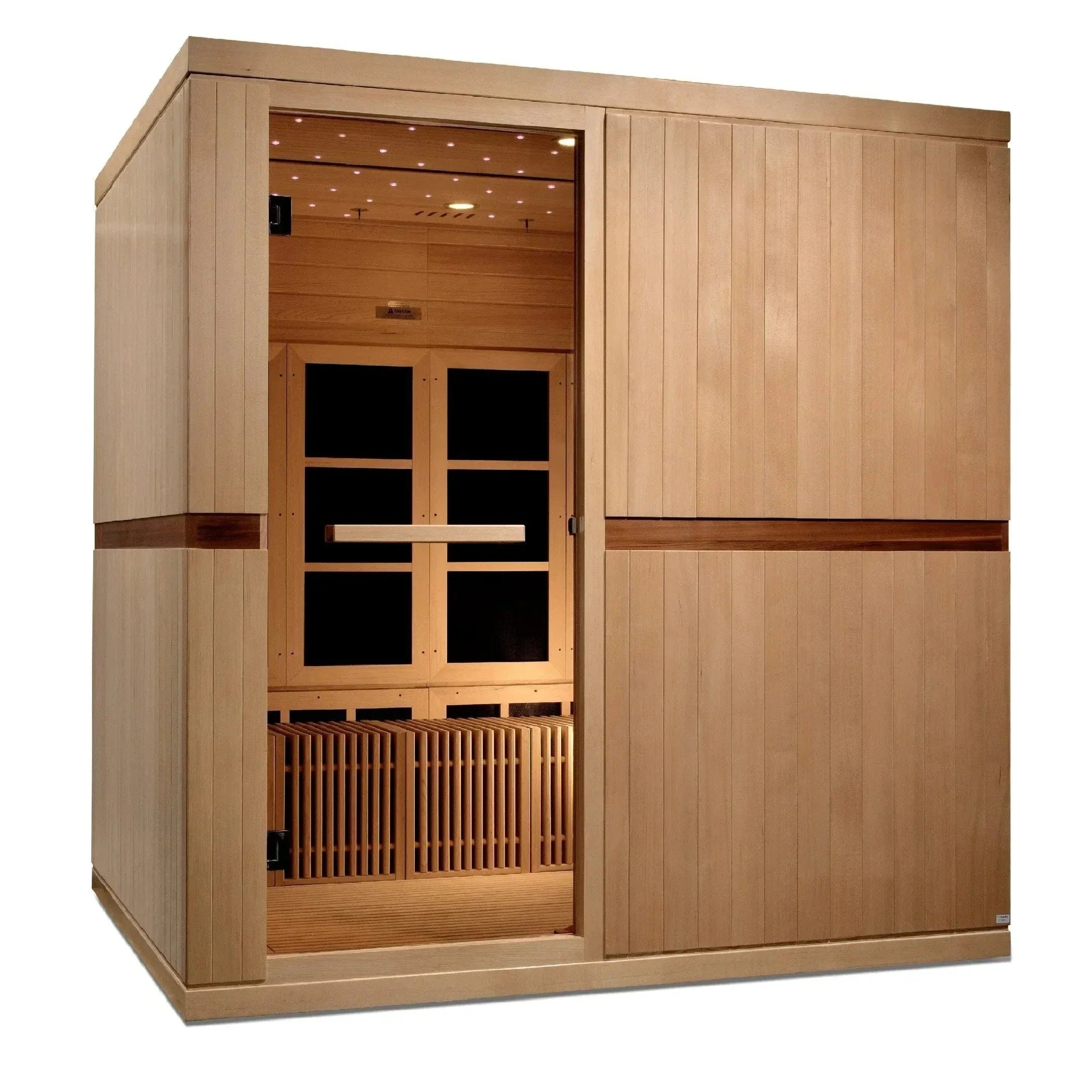 Golden Designs Catalonia 8-person FAR infrared sauna cabin constructed from premium Canadian Hemlock wood with a large glass front profile.