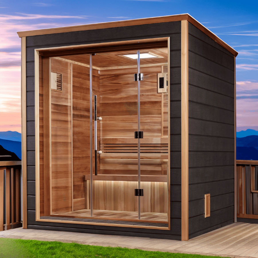 Golden Designs Drammen outdoor traditional sauna for 3 people featuring Canadian red cedar interior and sturdy weatherproof cabin design