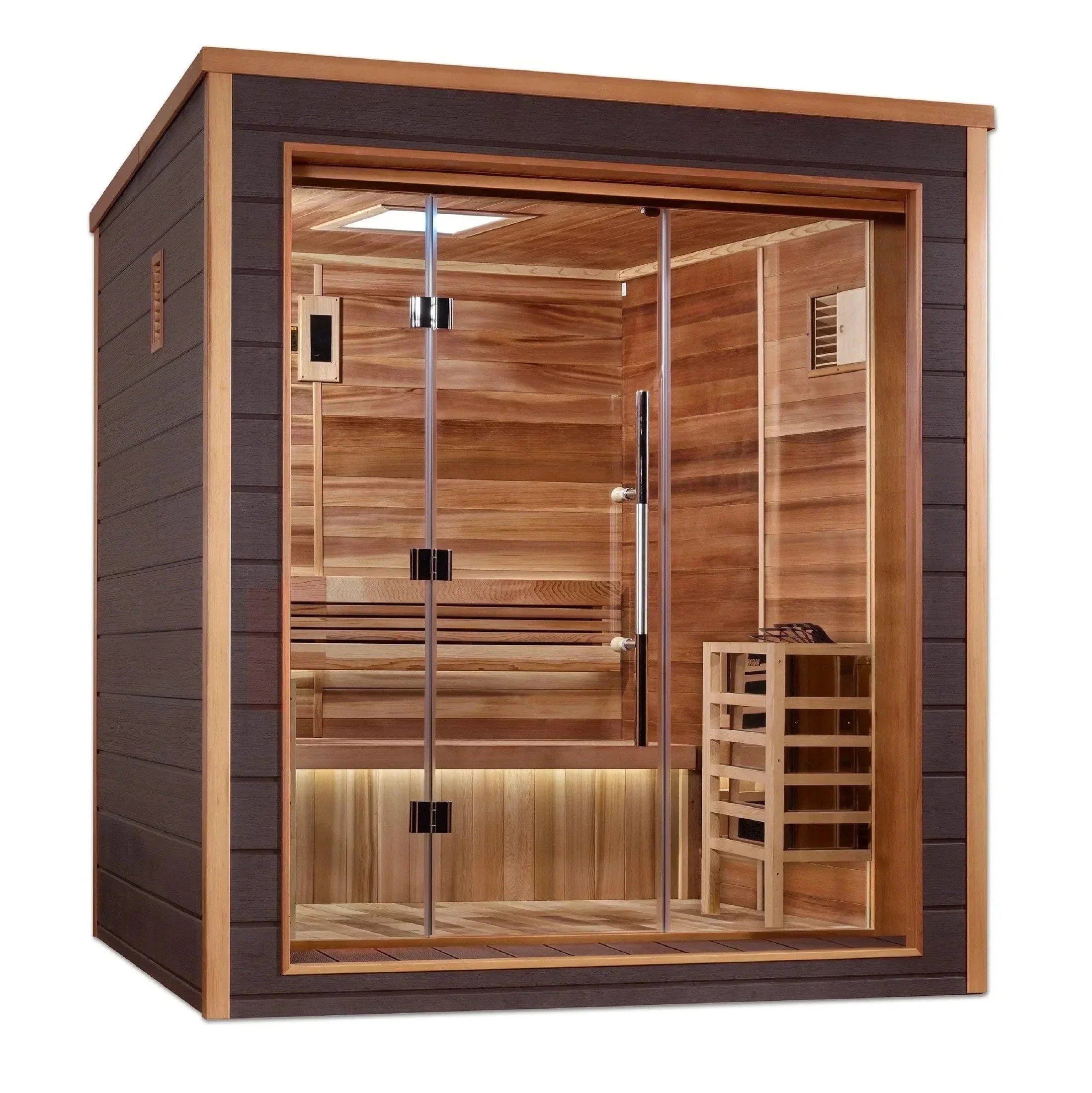 Golden Designs Drammen GDI-8203-01 3-person outdoor traditional sauna cabin featuring a weather-resistant exterior shell built for backyard placement.