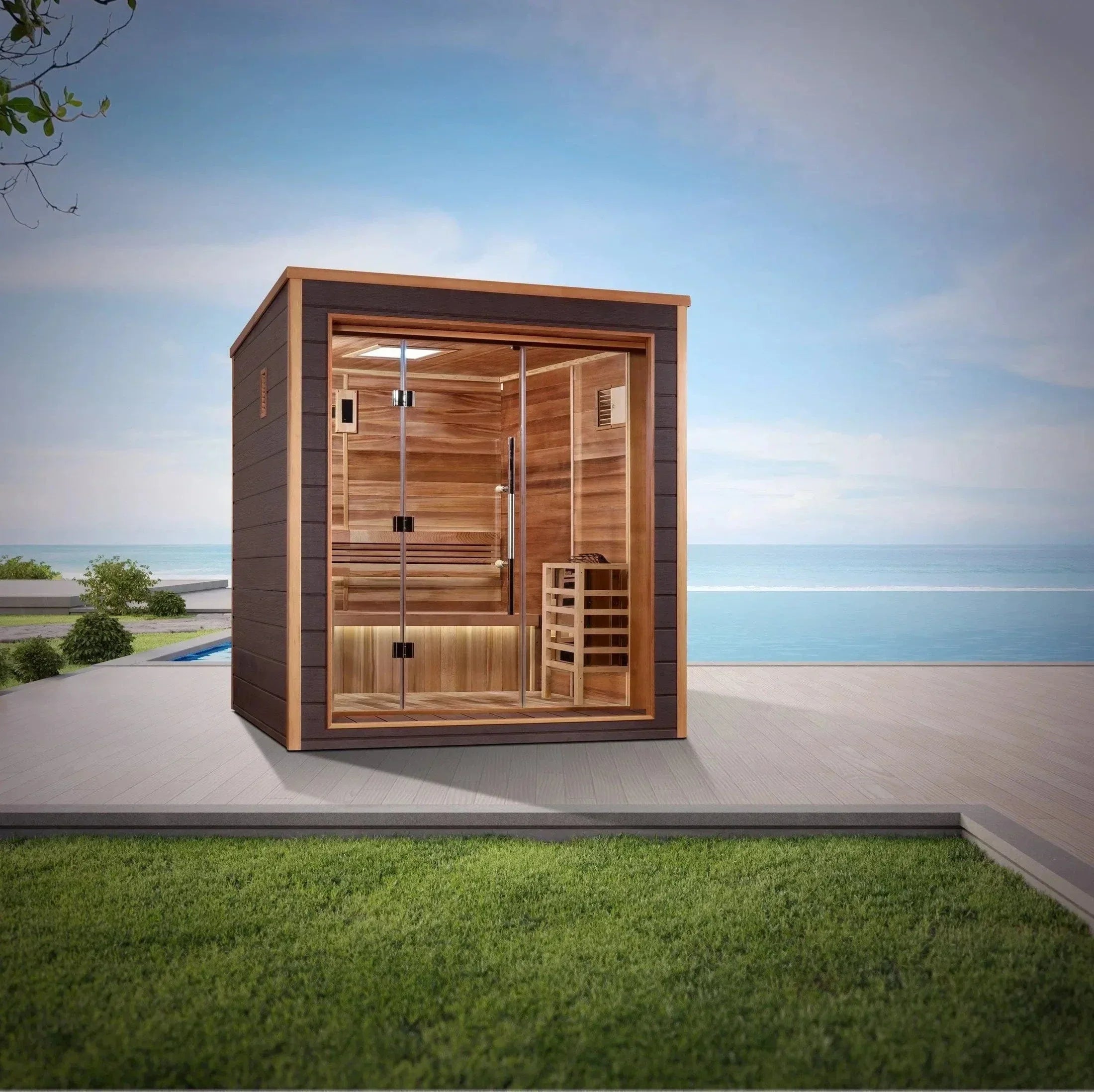 Golden Designs Drammen 3-person outdoor traditional sauna with Canadian red cedar interior, weather-resistant exterior, compact backyard sauna for year-round wellness and relaxation