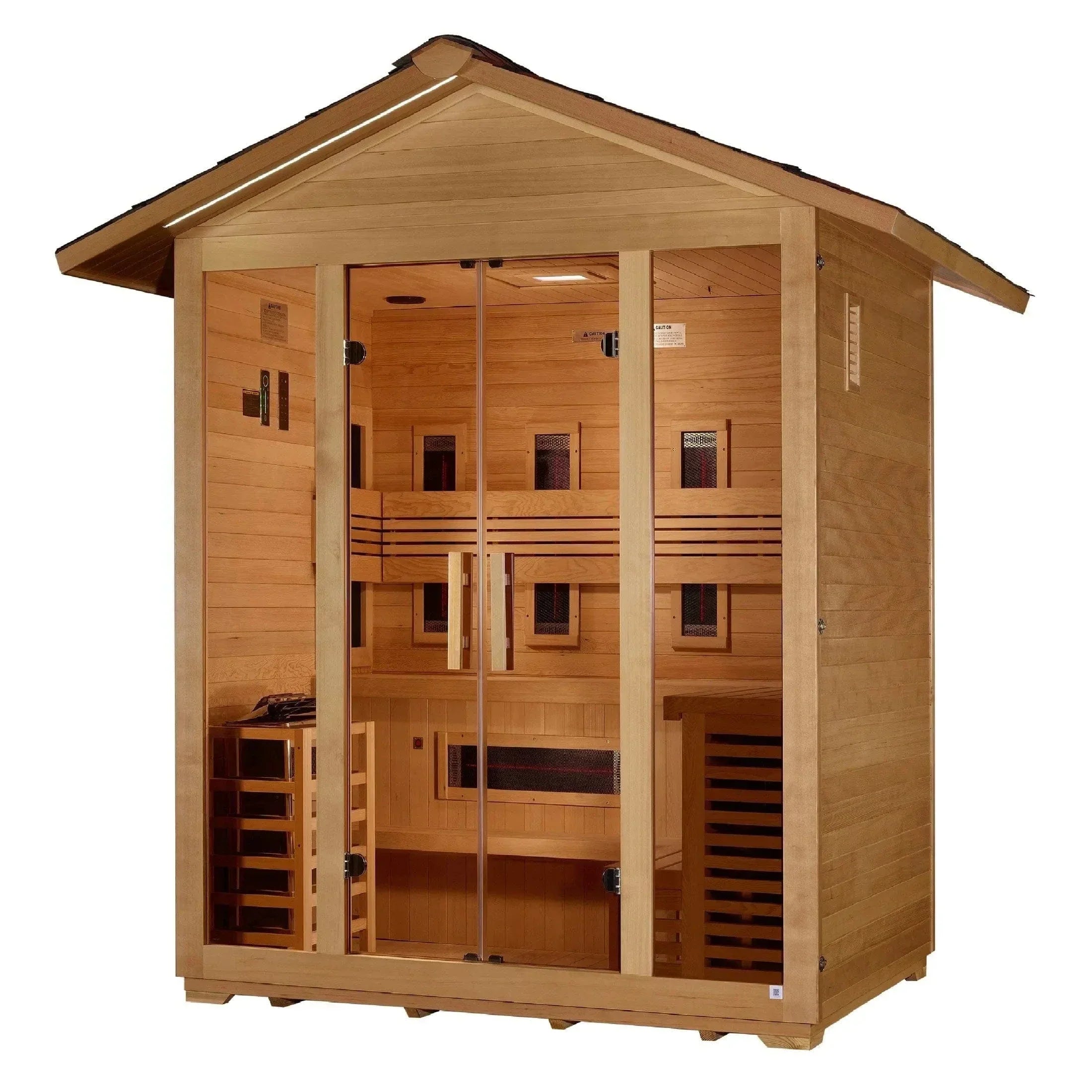 Spacious interior multi-level bench seating crafted from reforested Canadian Hemlock inside a 5-person Golden Designs outdoor sauna.