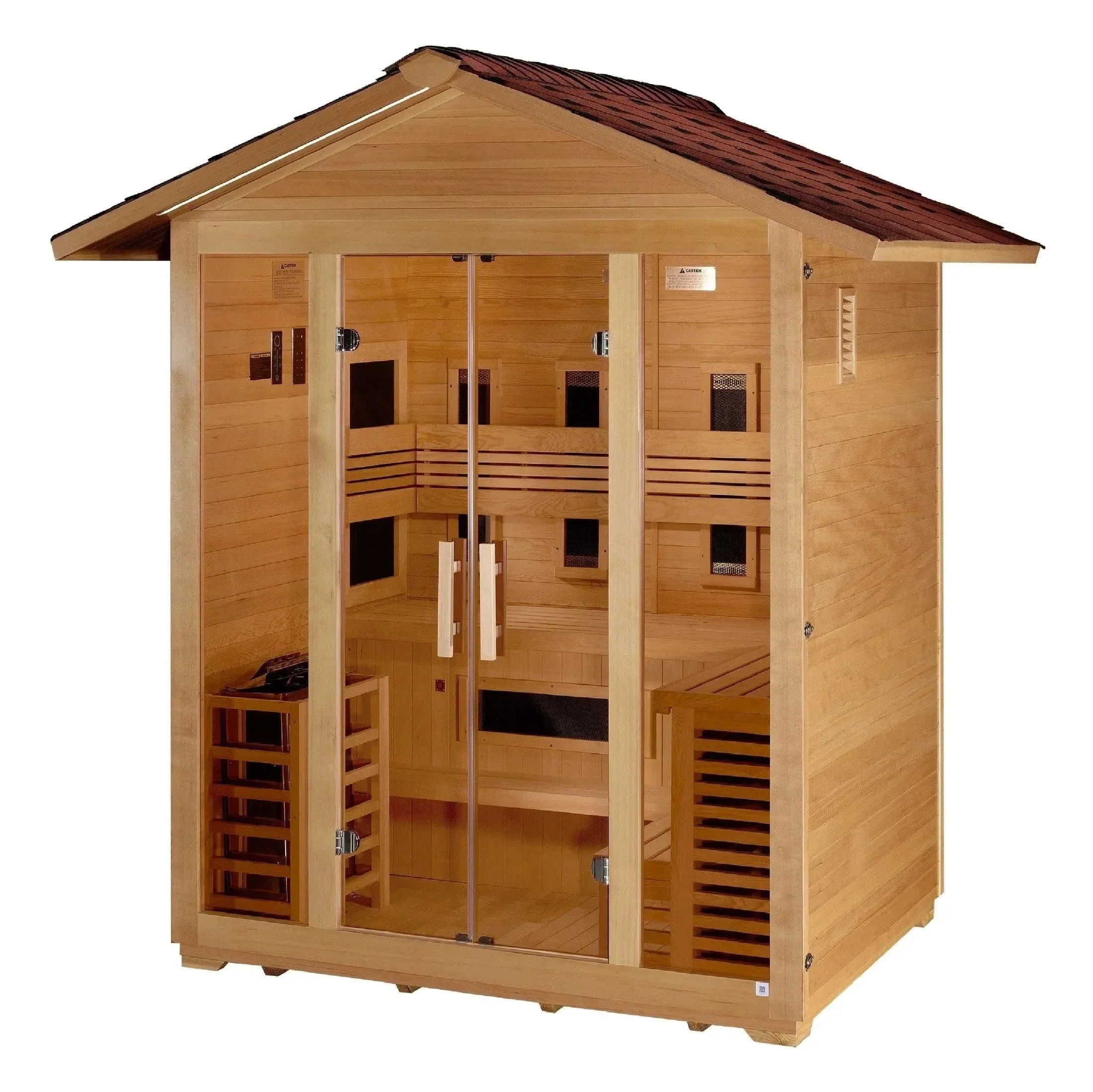 5-person outdoor hybrid sauna Golden Designs Gargellen with full spectrum infrared emitters and Harvia traditional stove