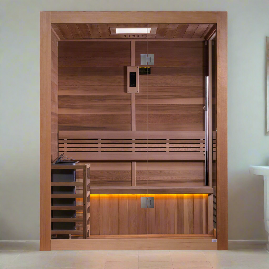 2-person indoor traditional sauna with electric heater Golden Designs Hanko Edition featuring Canadian Red Cedar wood interior
