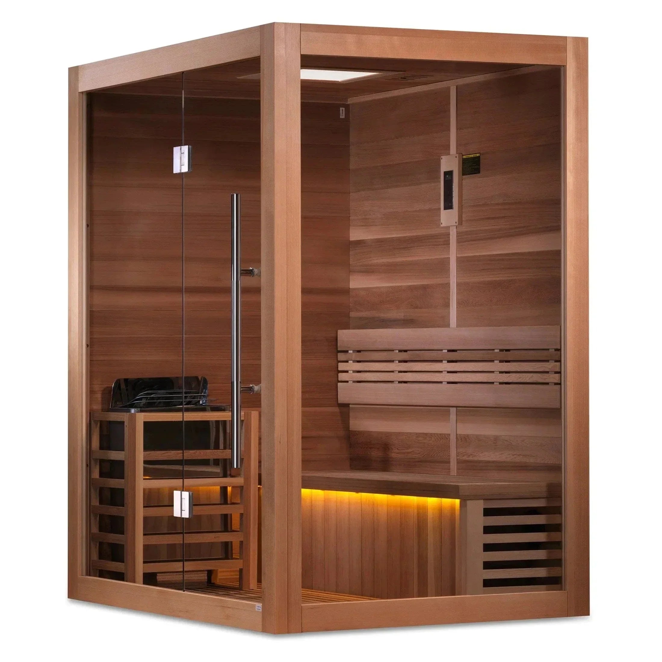 Golden Designs Hanko Edition 2-person traditional indoor sauna perfectly installed as a private wellness amenity inside a luxury boutique hotel suite.