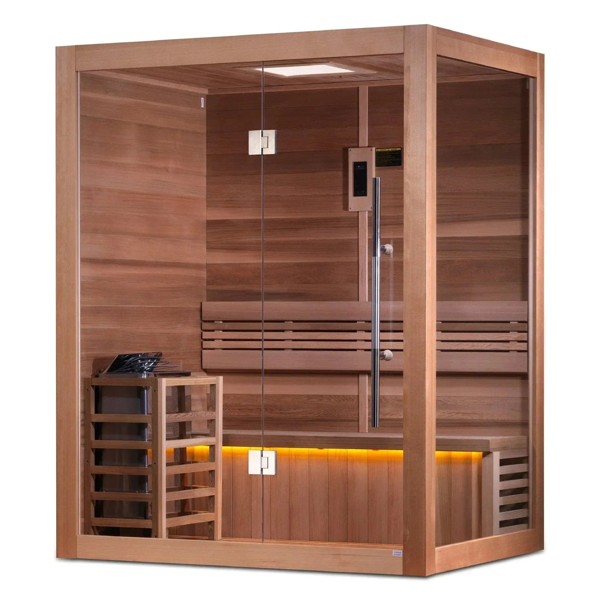 Golden Designs Hanko Edition GDI-7202-01 2-person indoor traditional sauna cabin featuring a premium Canadian Hemlock wood exterior.