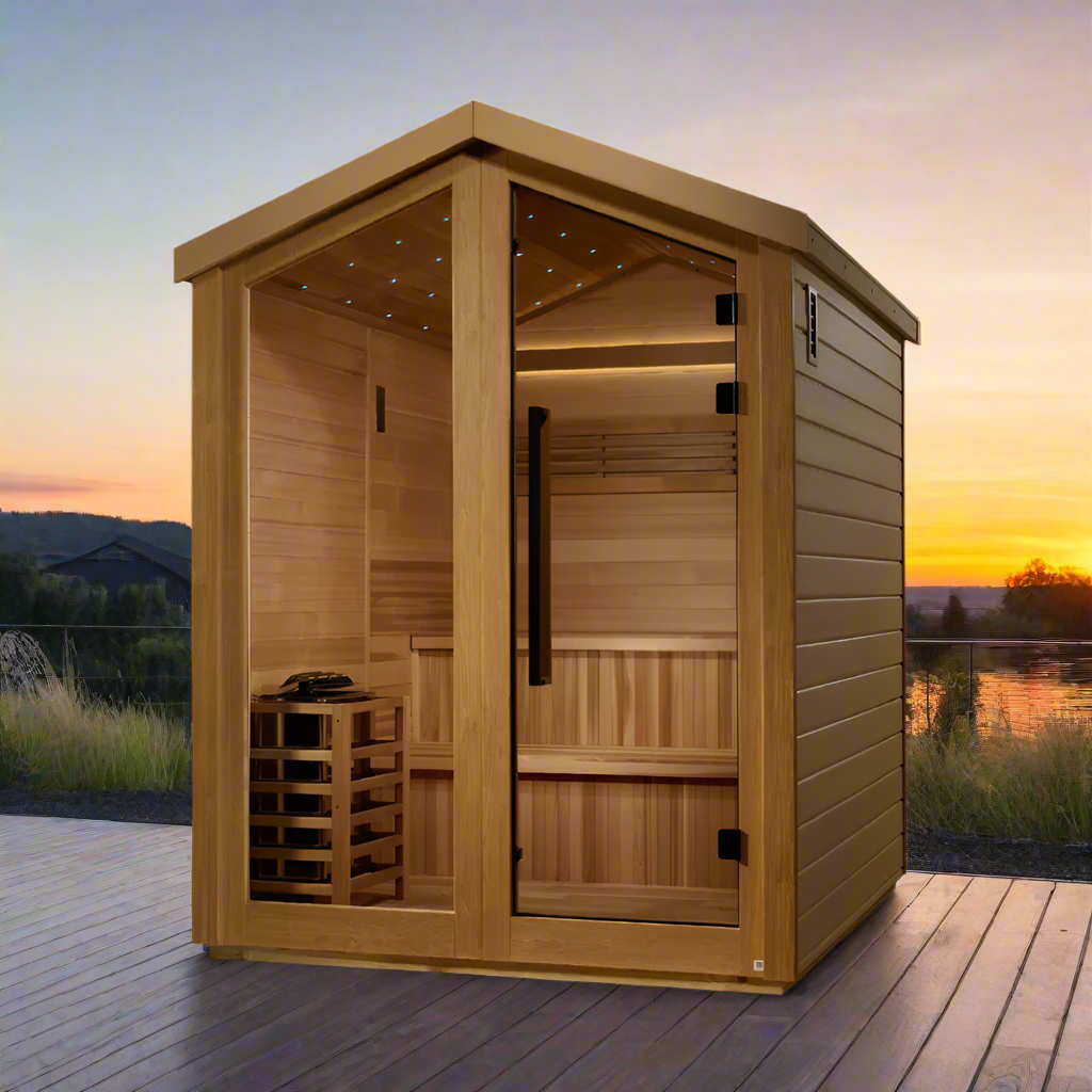 Luxury Golden Designs Kaarina outdoor sauna for 6 people with natural wood interior, designed for relaxing spa experience in your backyard