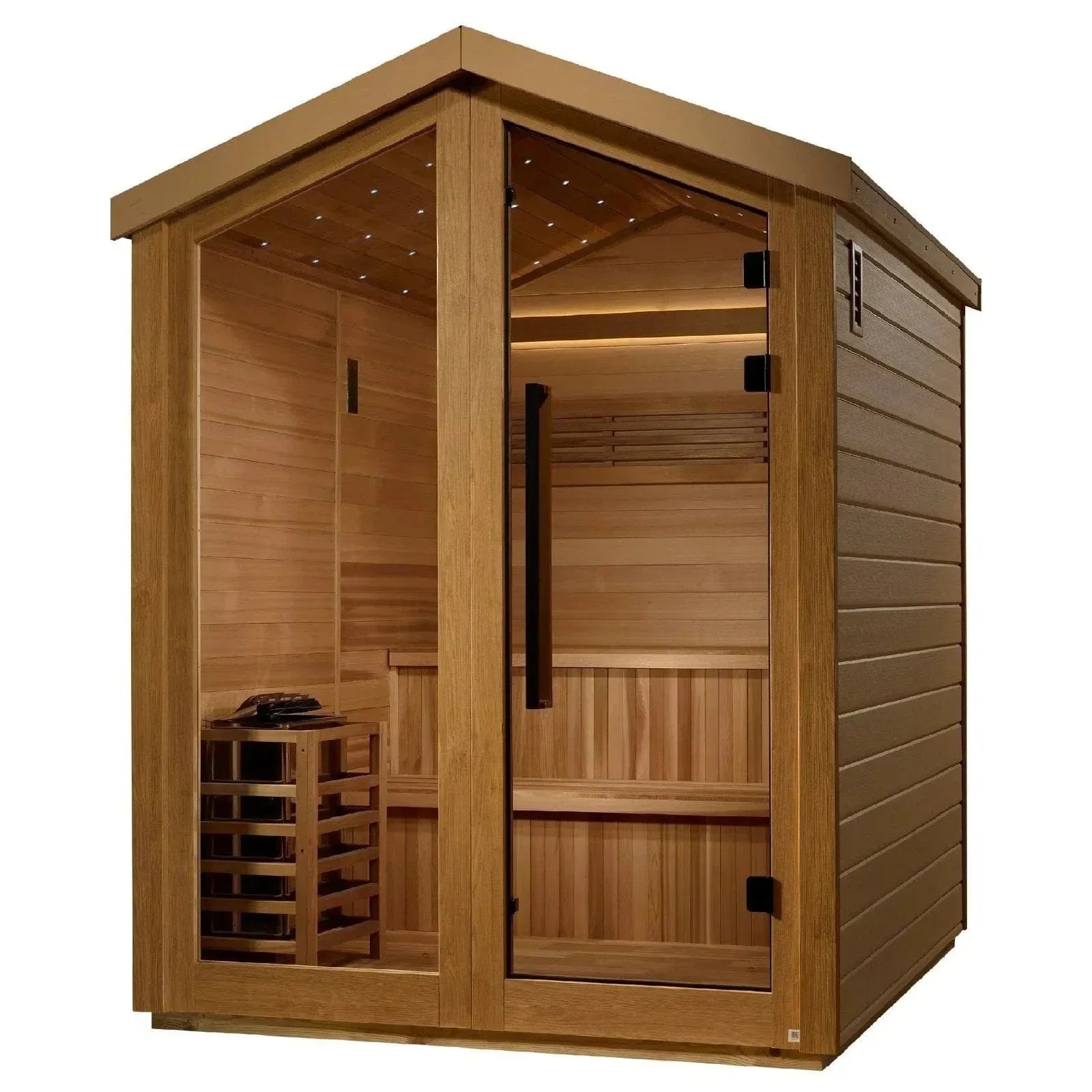 Golden Designs Kaarina 6-person outdoor traditional sauna featuring Canadian red cedar interior, all-weather cabin design, and spacious home spa experience for luxury backyard relaxation