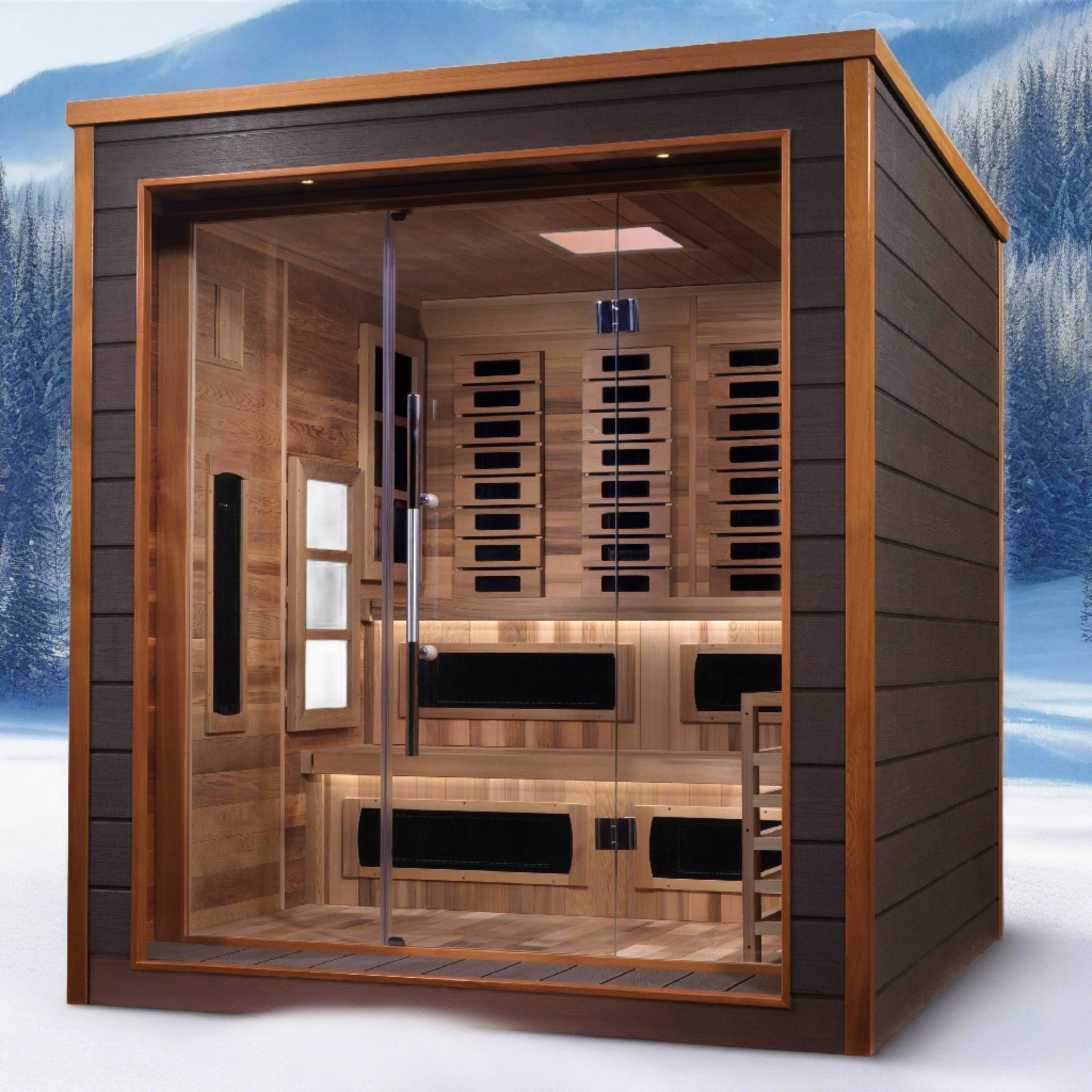 Golden Designs Karlstad 6-person outdoor hybrid sauna with Canadian red cedar interior and flexible infrared or traditional Harvia stove heating system