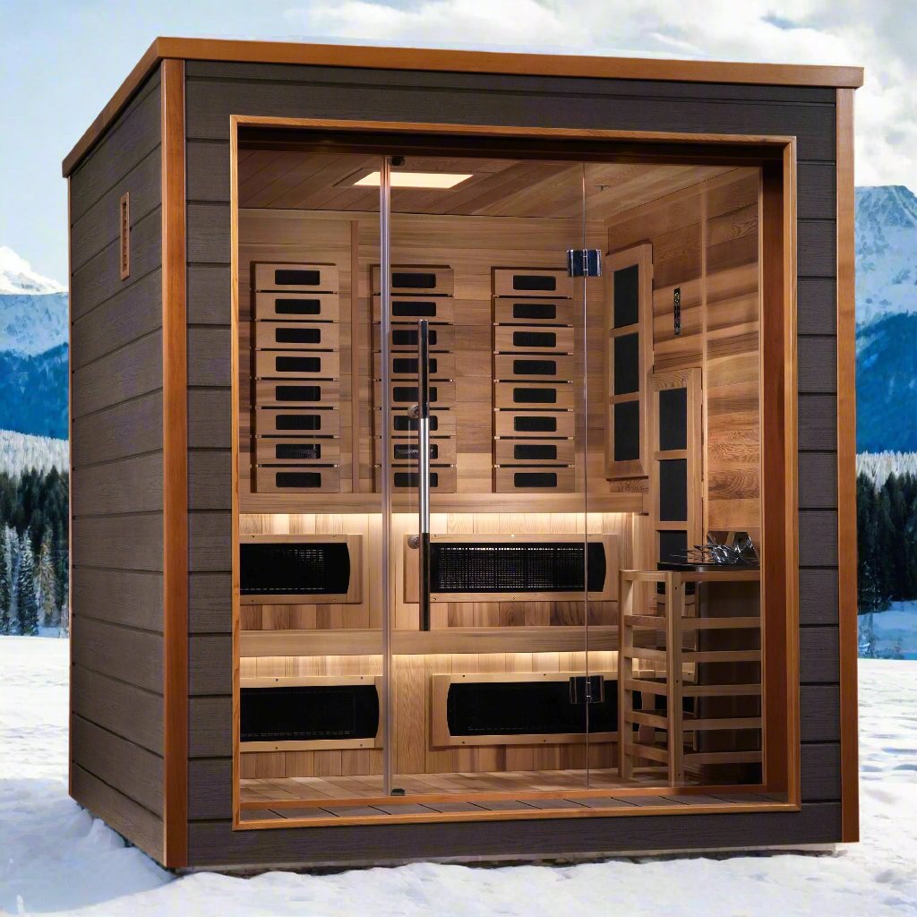 Outdoor 6-person hybrid sauna cabin Golden Designs Karlstad GDI-8226-01 featuring full spectrum infrared therapy and traditional wood stove option