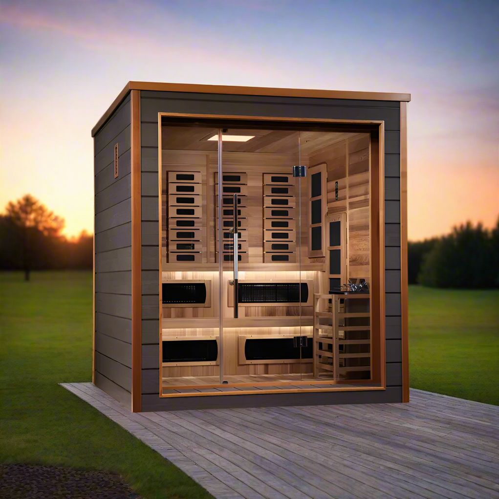 Luxury 6-person outdoor hybrid sauna cabin with red cedar interior and dual heating system, Golden Designs Karlstad for home wellness and relaxation