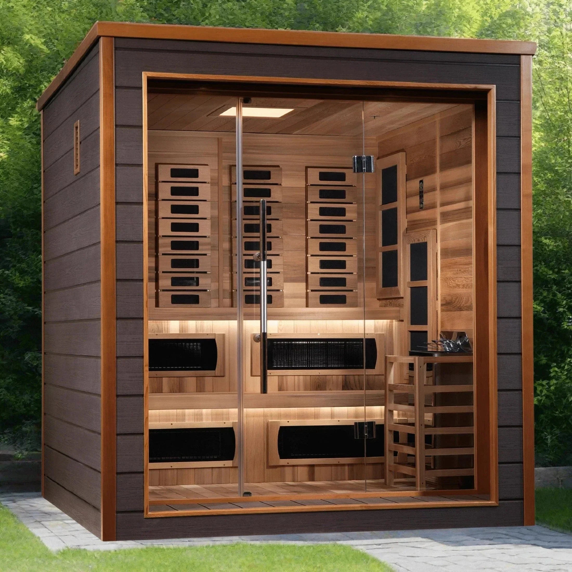 Golden Designs Karlstad 6-person outdoor hybrid sauna with Canadian red cedar interior and dual infrared or traditional stove heating system