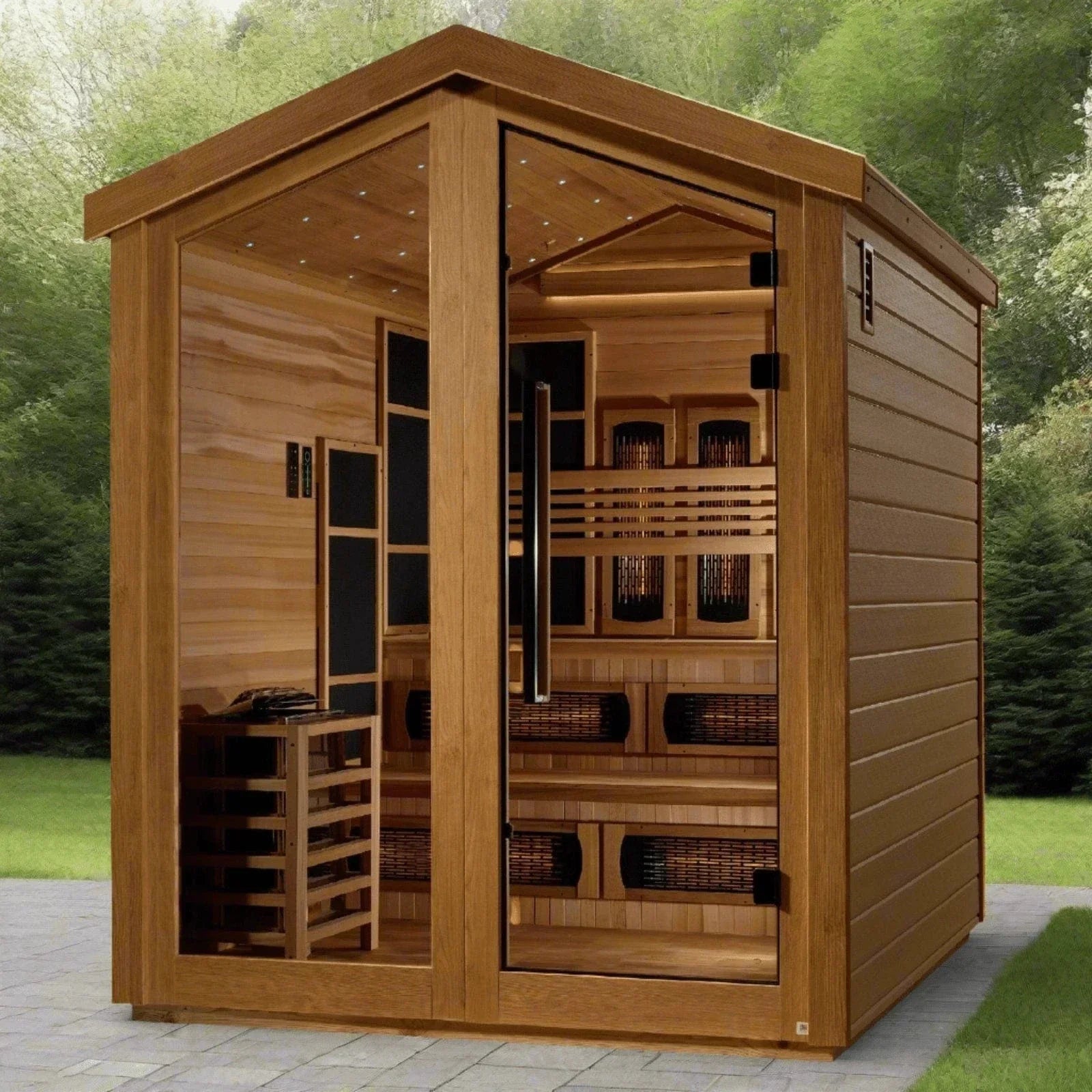 6 person outdoor hybrid sauna by Golden Designs Kaskinen model with full spectrum infrared therapy and Harvia traditional stove heater