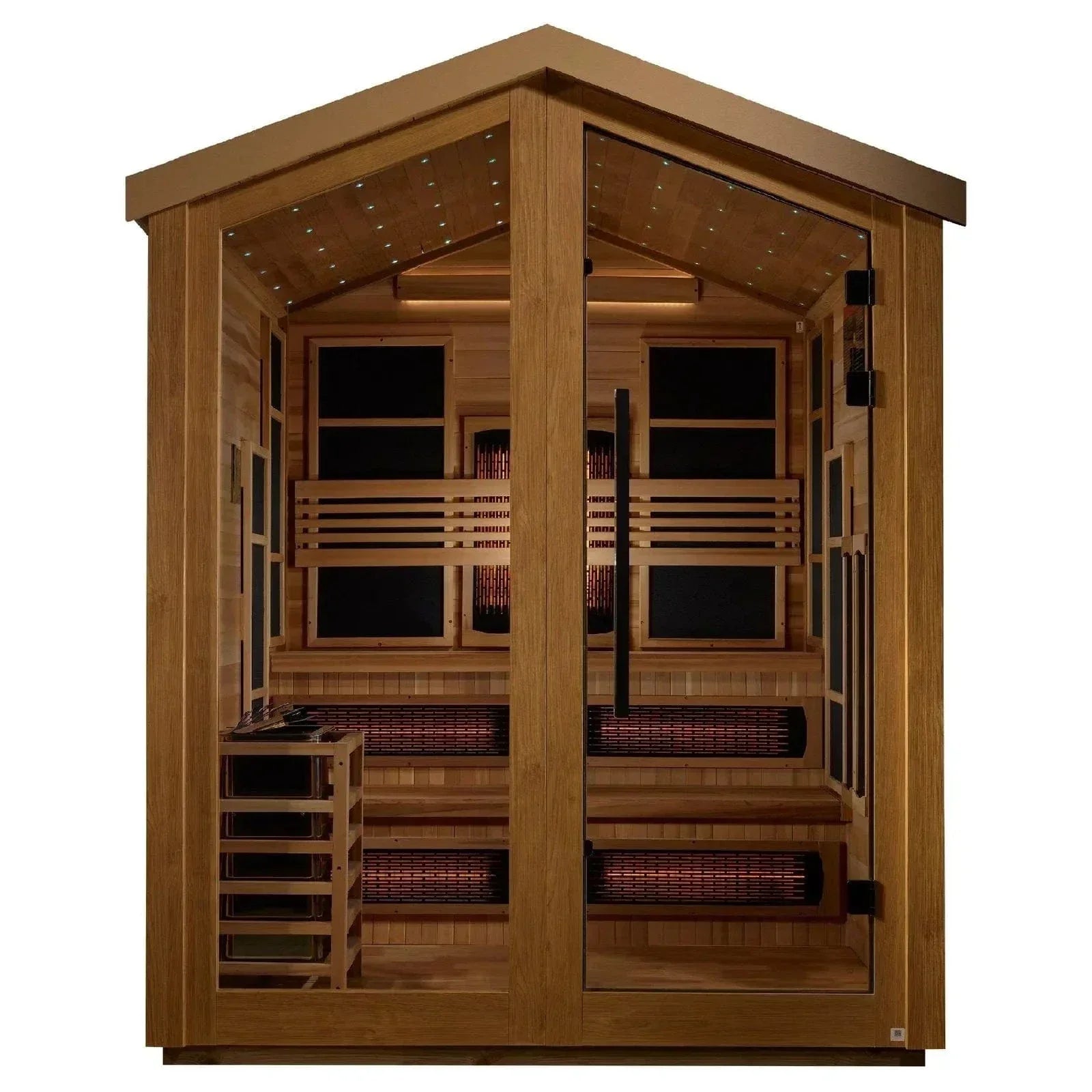 Spacious freestanding 6-person outdoor hybrid sauna combining traditional steam and advanced infrared heating systems.