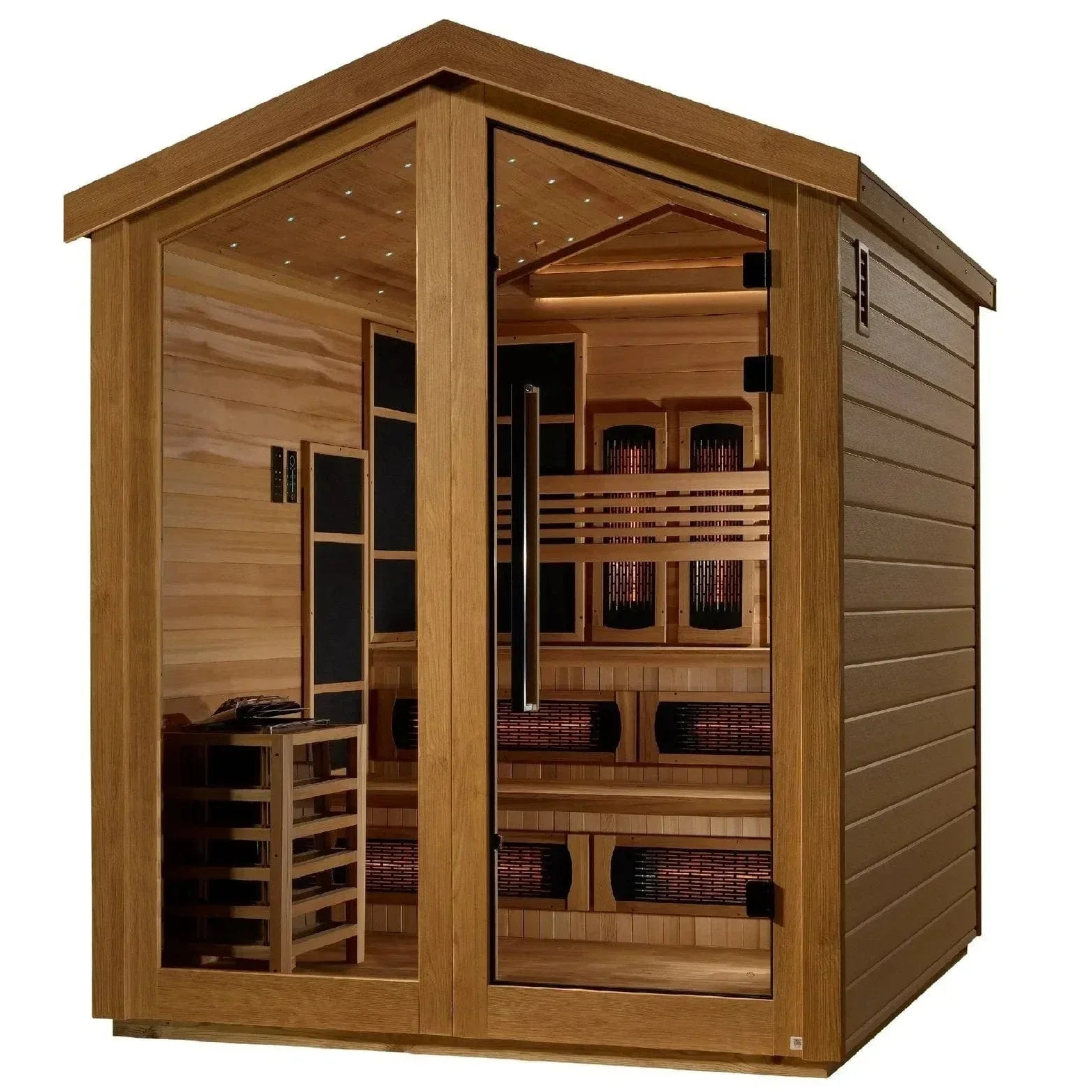 Golden Designs Kaskinen GDI-8526-01 6-person hybrid outdoor sauna cabin featuring a durable all-weather protective exterior.