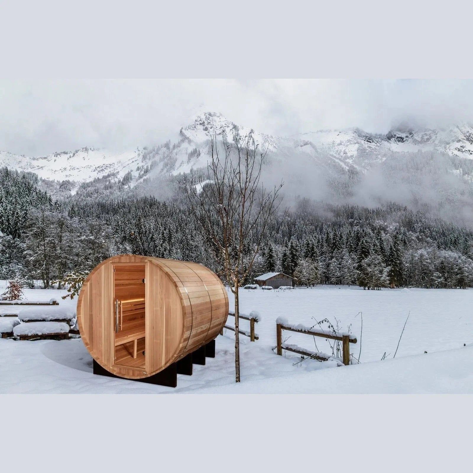 Golden Designs Klosters outdoor barrel sauna GDI-B006-01 featuring round Nordic-style design, premium wood finish, and large capacity seating for six people.