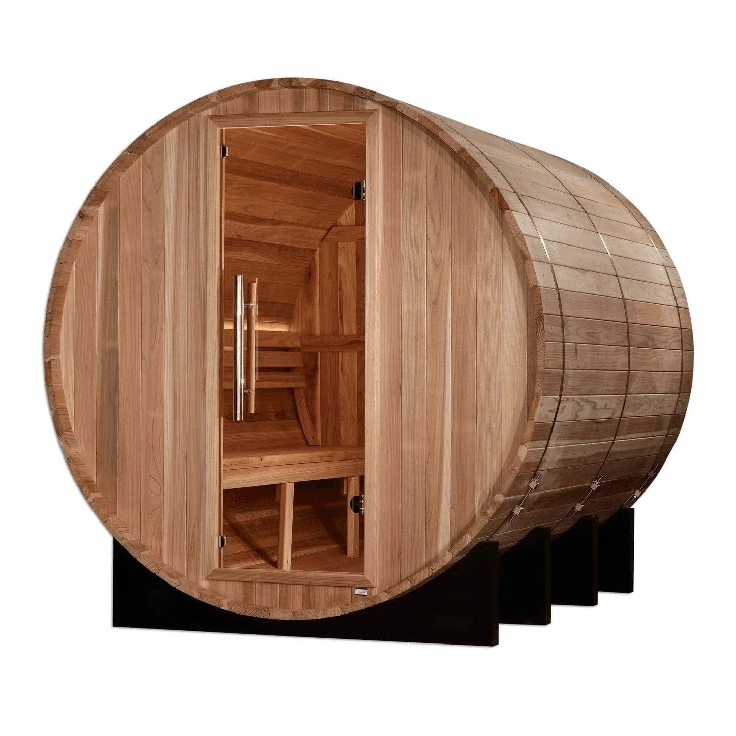 Golden Designs Klosters GDI-B006-01 6-person traditional outdoor barrel sauna kit made from Pacific Premium Cedar wood.
